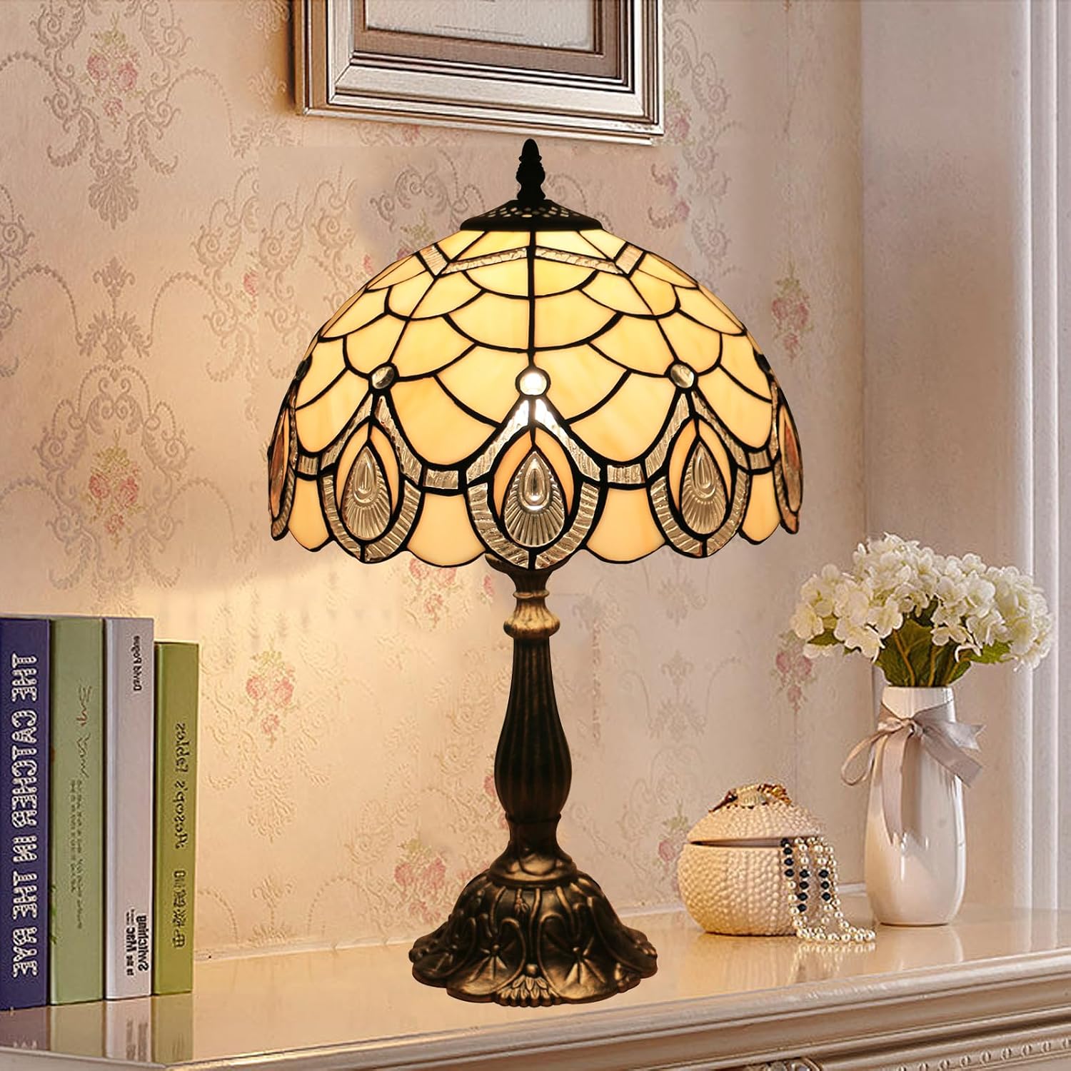Tiffany Style End Side Table Lamps, Modern Bedside Nightstand Stained Glass with Crystal Large Farmhouse Table Lamp for Bedroom,Living Room Home Office Desk Lamp+LED Bulb,12X12X20INCH