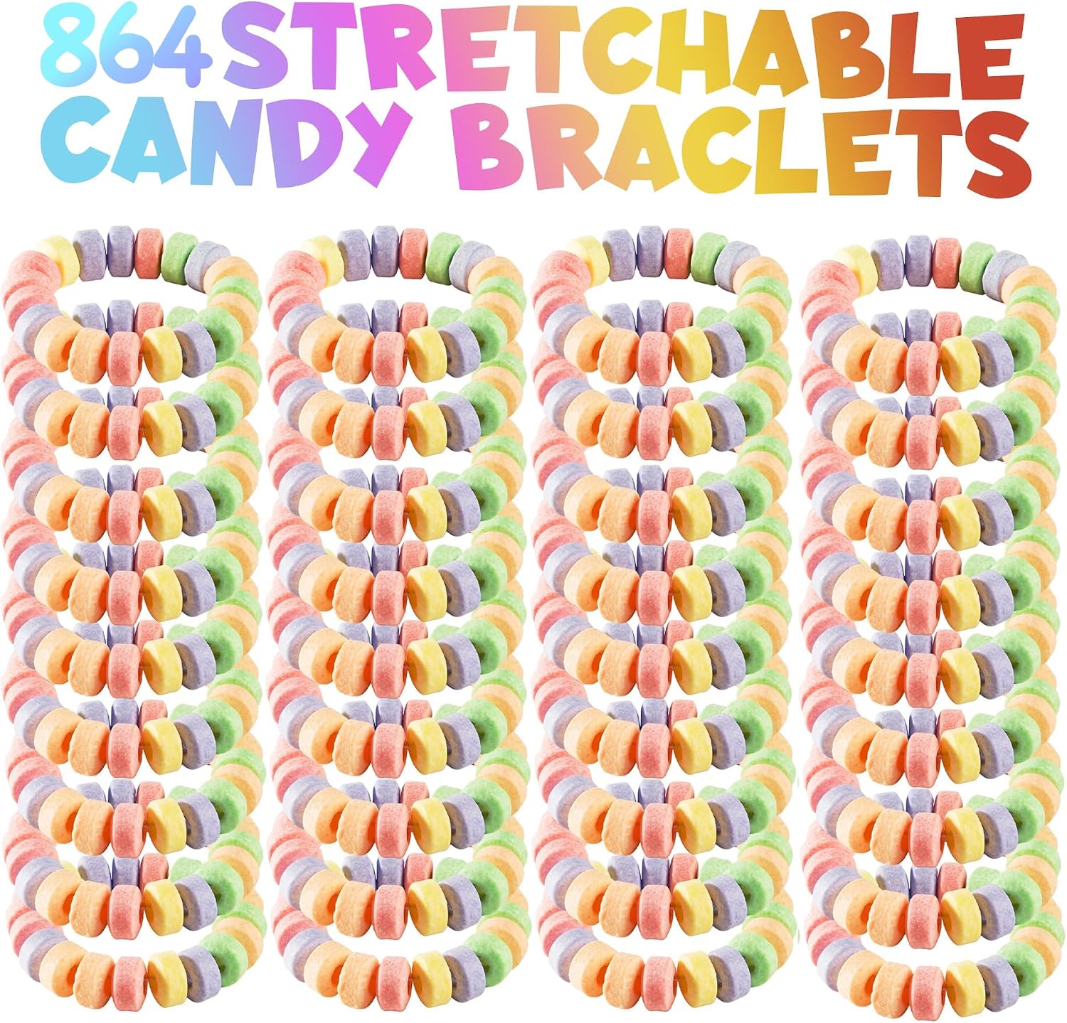 Candy Bracelets - Bulk Case 864 Pcs, Individually Wrapped - 2.5 Inch Candy Jewelry Bracelets, Stretchable, Edible, Colorful Fruit Flavor Rainbow Candies for Novelty Party Favor Supplies & Goodie Bags