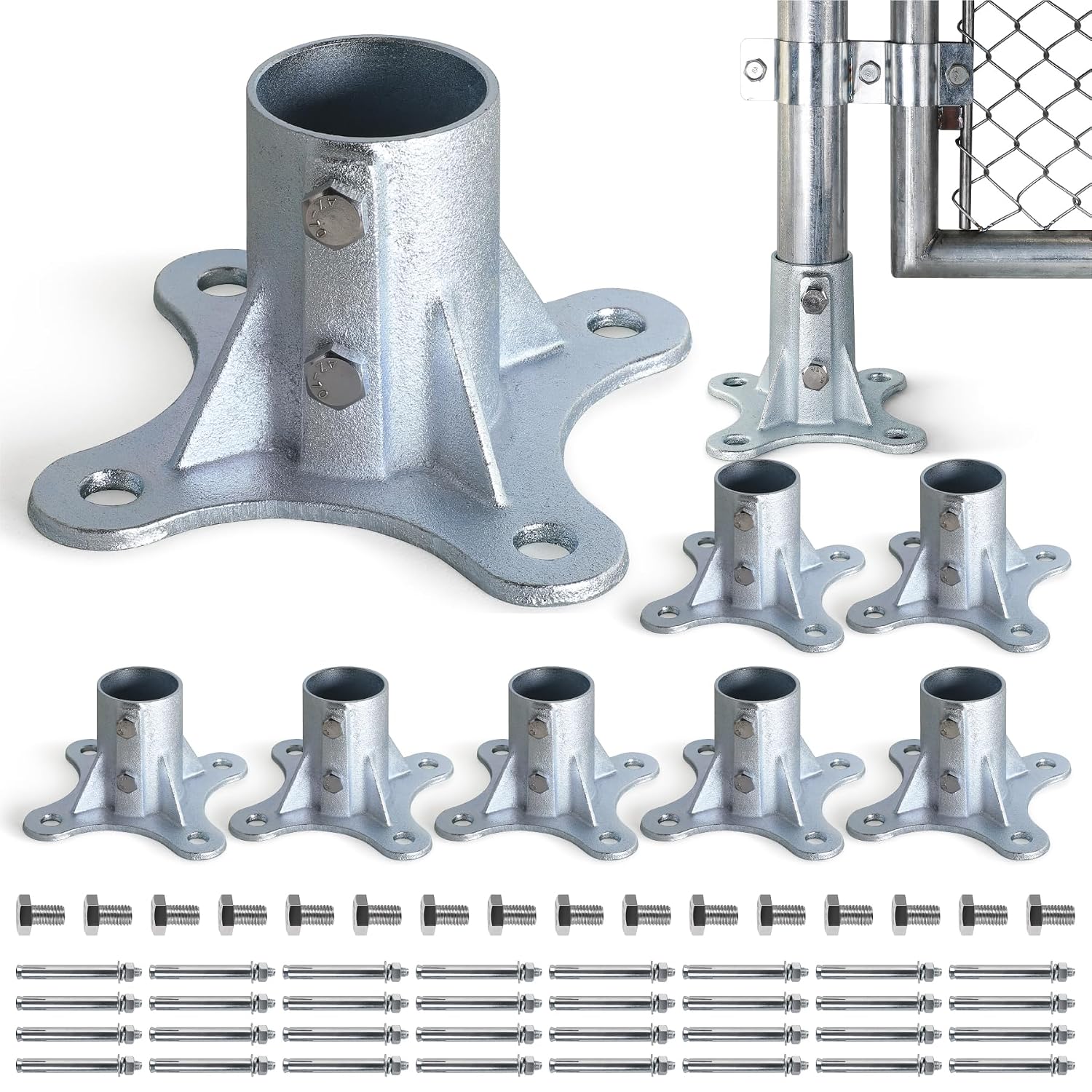 Chain Link Fence Post Flange - 2 1/2' Heavy Duty Round Post Base Bracket (8-Pack) Fits 2-3/8' Outer Diameter Fence/Mailbox/Flag Posts - Floor Mount Flange Kit