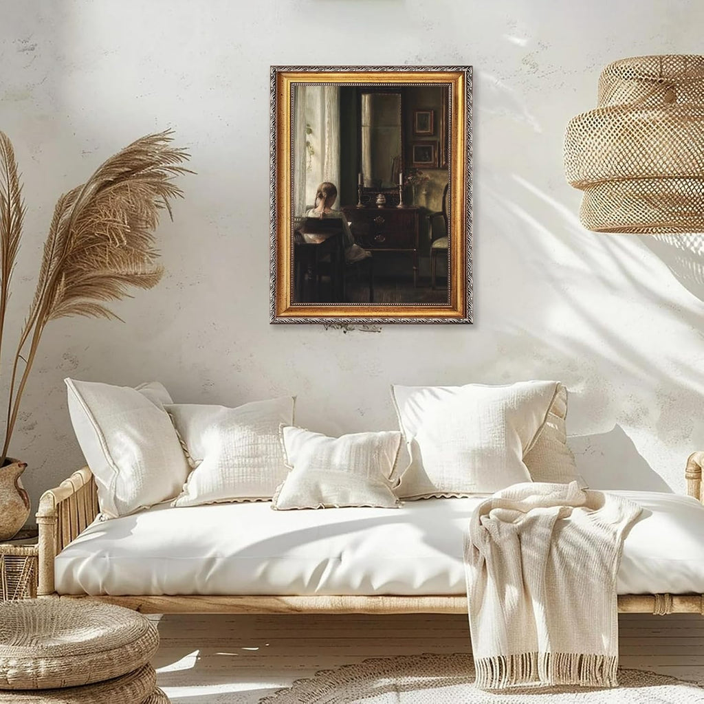 Large Framed Girl by Window Reading Book Canvas Wall Art Vintage European Feminine Booklish Oil Painting Poster Moody Musical Woman Artwork Print for Reading Nook Music Room Decor 24x36inch