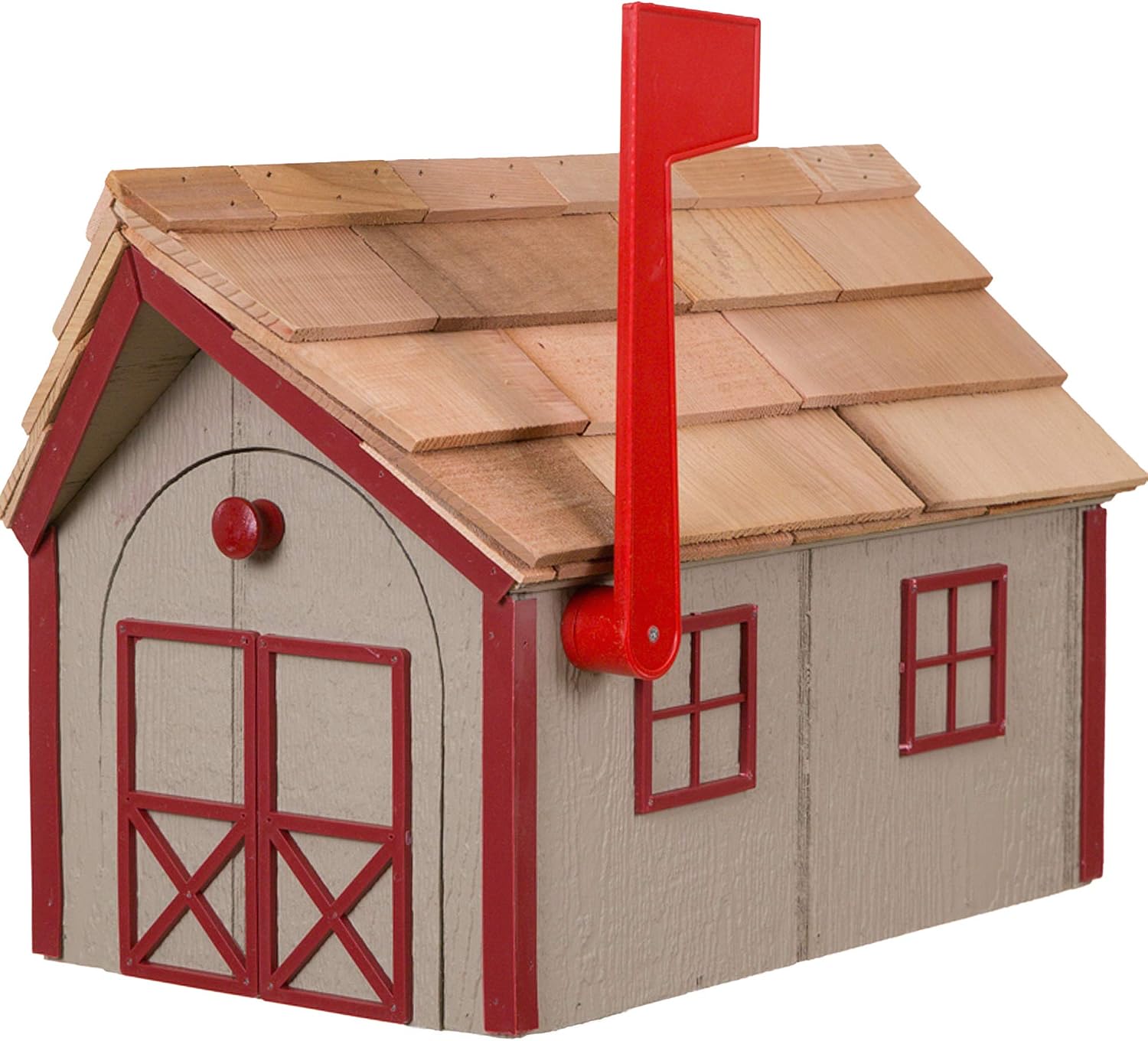 Amish Cedar Roof Wooden Mailbox with Window & Door Trim (Clay with Red Trim)
