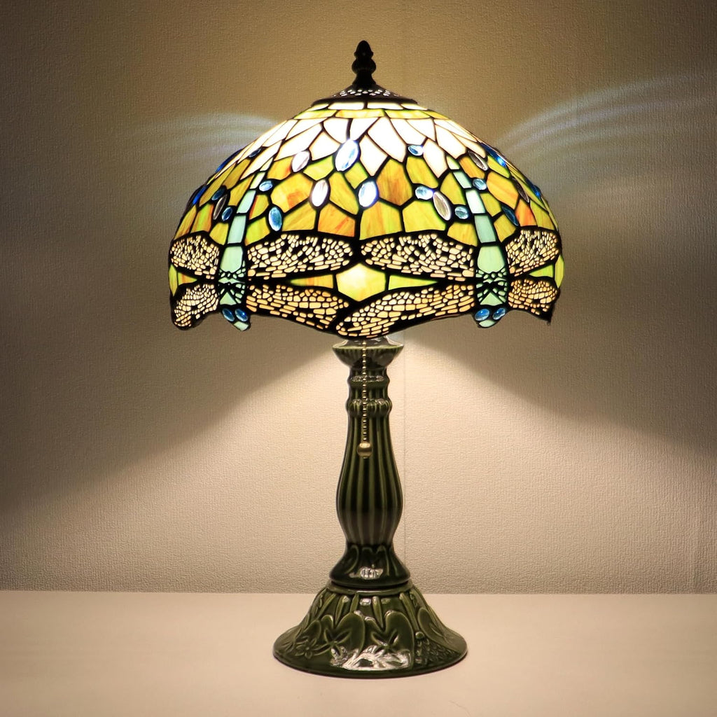 Tiffany Lamp Stained Glass Table Lamps Amber White Dragonfly Style Desk Lamp 12X12X18.5 Inch Bronze Ceramic Base Reading Light Suitable for Bedside Bedroom Living Room Dining Room Office