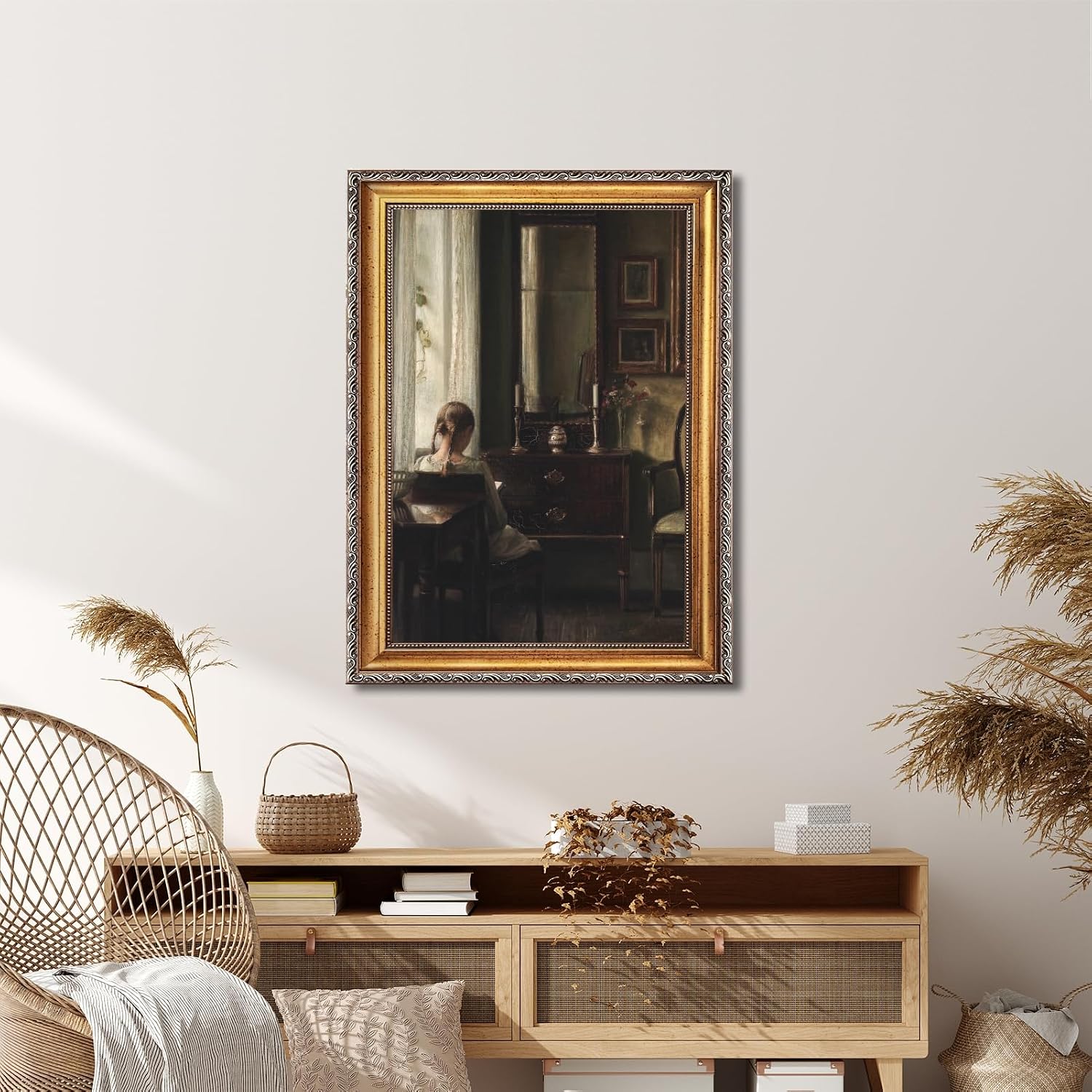 Large Framed Girl by Window Reading Book Canvas Wall Art Vintage European Feminine Booklish Oil Painting Poster Moody Musical Woman Artwork Print for Reading Nook Music Room Decor 24x36inch