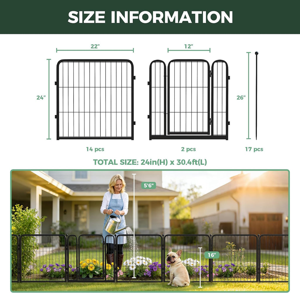 FXW Garden Fence Outdoor for the Yard – 24in(H) x 30.4ft(L) Heavy Duty Metal Animal Barrier for Dog, No Dig Decorative Dog Fence, 16 Panels, Black