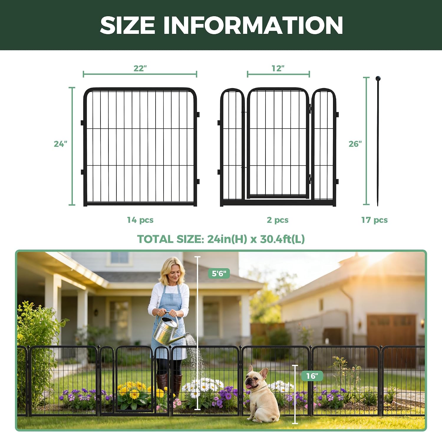 FXW Garden Fence Outdoor for the Yard – 24in(H) x 30.4ft(L) Heavy Duty Metal Animal Barrier for Dog, No Dig Decorative Dog Fence, 16 Panels, Black