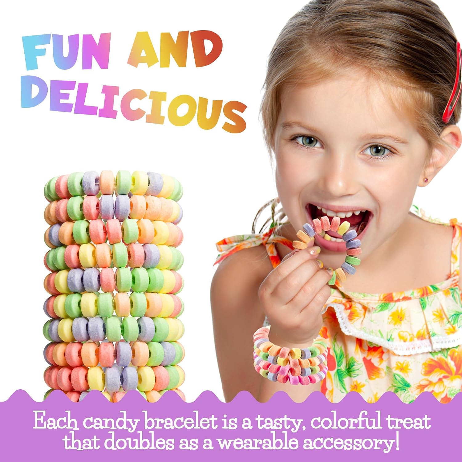 Candy Bracelets - Bulk Case 864 Pcs, Individually Wrapped - 2.5 Inch Candy Jewelry Bracelets, Stretchable, Edible, Colorful Fruit Flavor Rainbow Candies for Novelty Party Favor Supplies & Goodie Bags