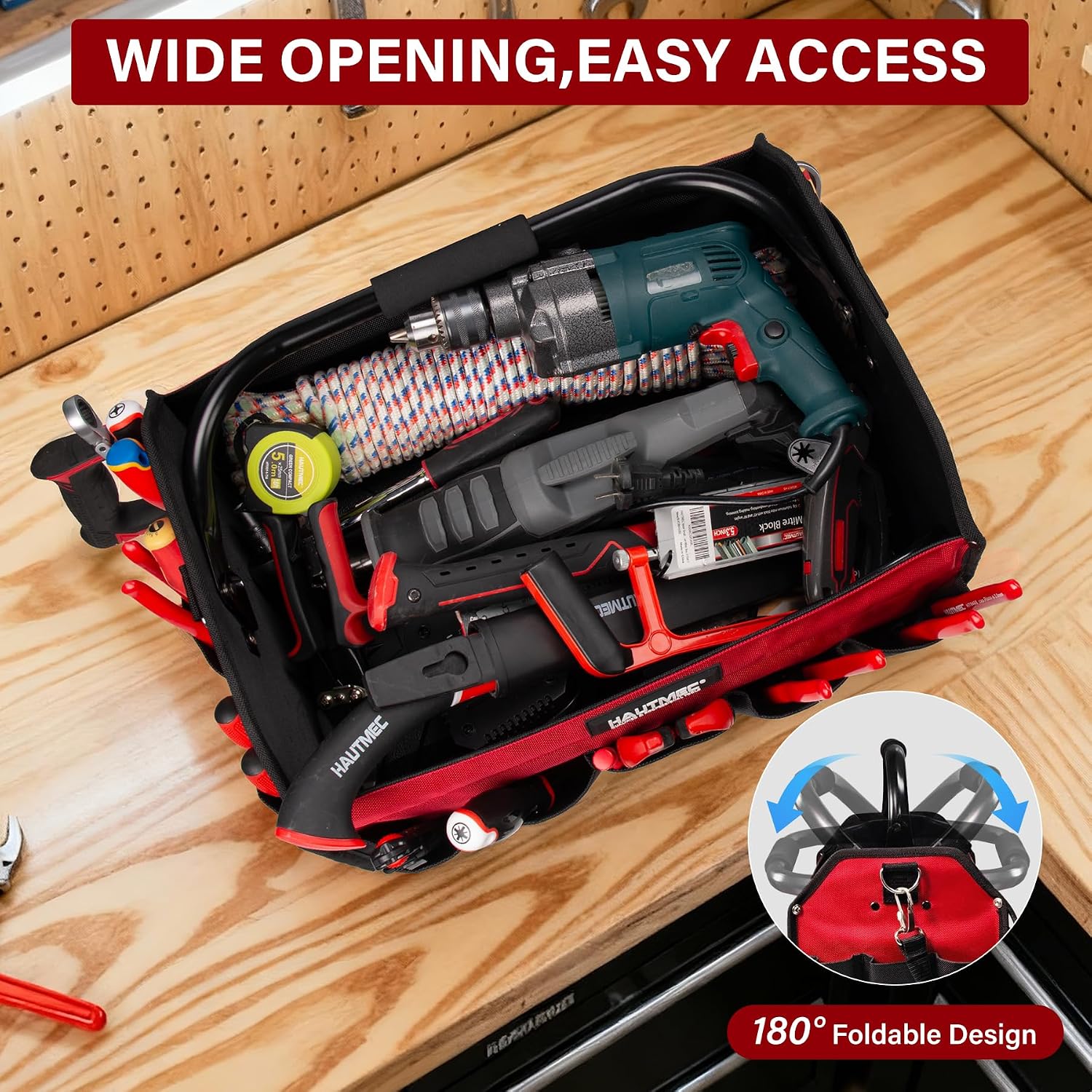 HAUTMEC 3PCS Heavy-Duty Tool Tote Bag Set, 1680D Rigid Frame Tool Bags with Foldable Handle & Padded Shoulder Strap, Water-Resistant Hard Base, Multi-Pocket Tool Box Organizer – HTTBH25052