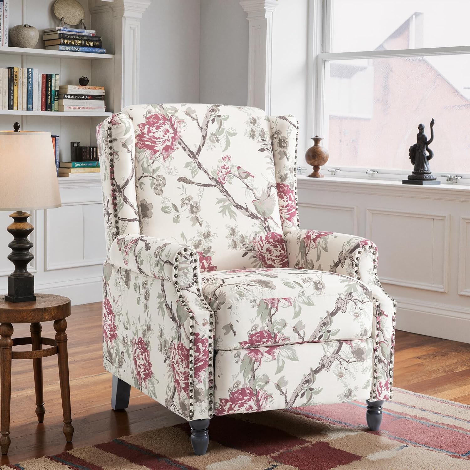 Set of 2 Floral Pushback Recliner Chairs, Fabric Upholstered Rivet Trim Accent Club Chairs for Living Room, Home Theater- Red Floral