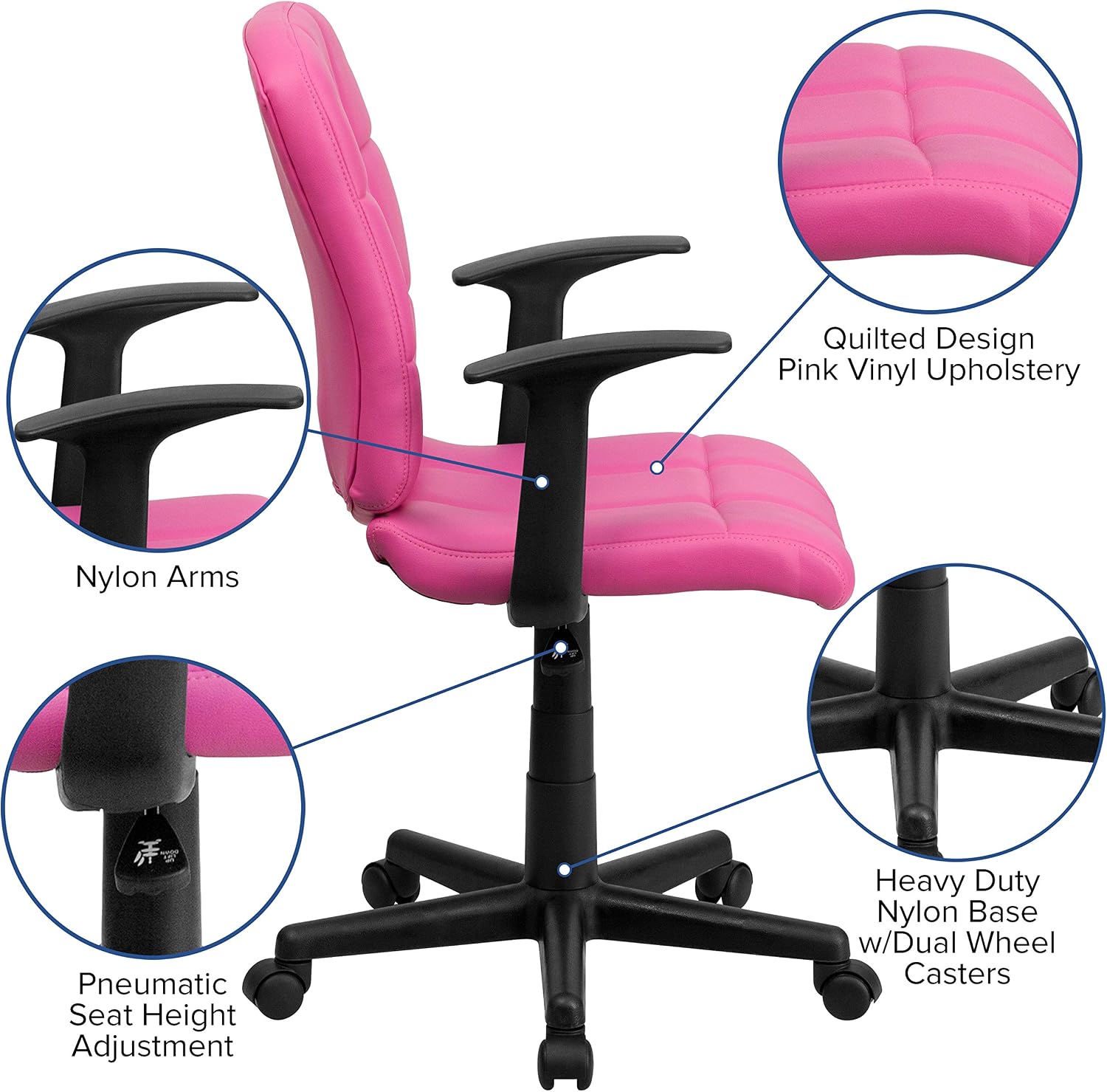 Flash Furniture Clayton Mid-Back Pink Quilted Vinyl Swivel Task Office Chair with Arms