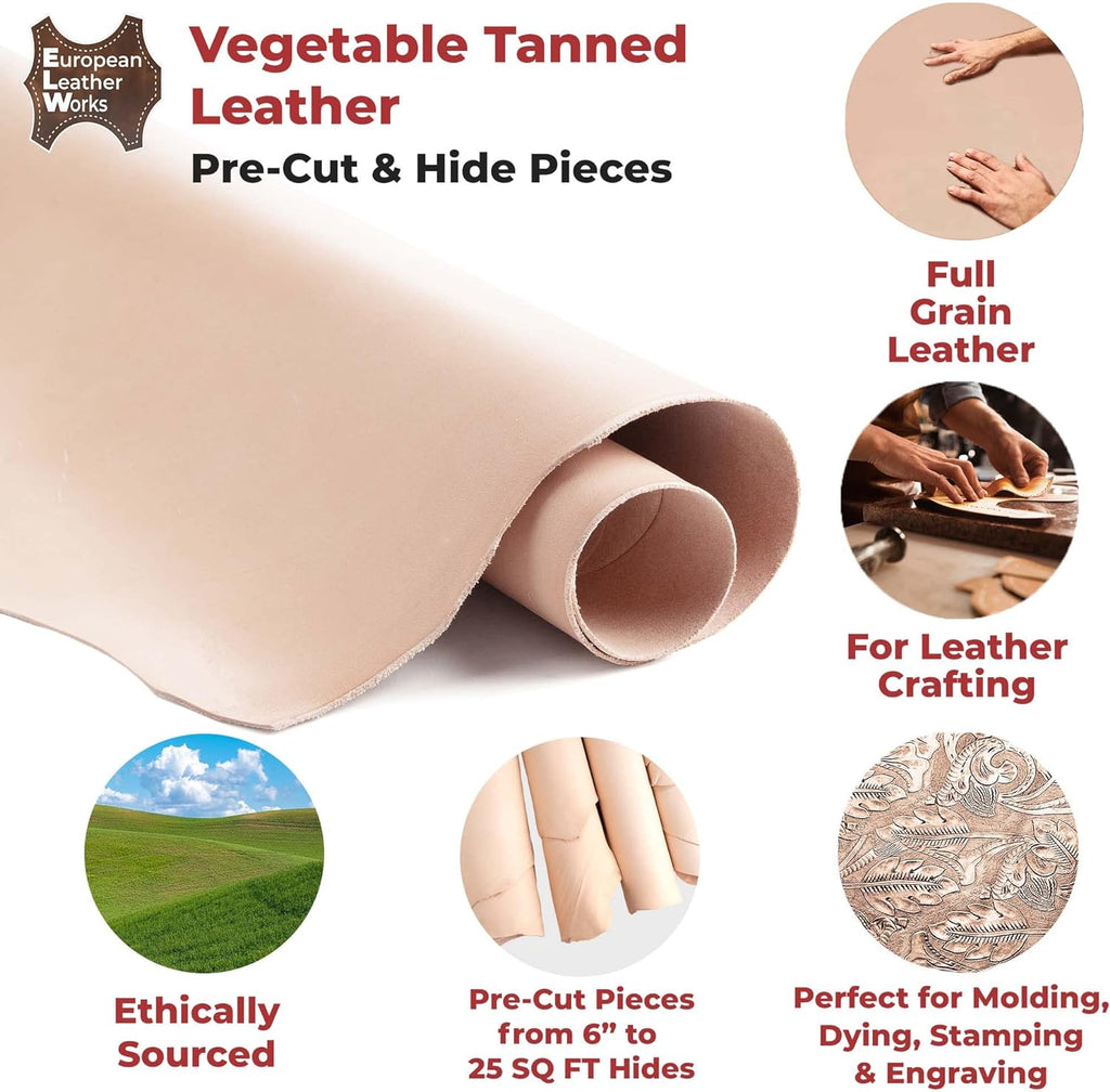 ELW 7-8 oz.(3-3.2 mm) Thickness Pre-Cut Square 16-18 SQ FT, Tooling Leather Vegetable Tanned Full Grain Leather - Cowhide Leathercraft for Holsters Knife Sheaths Coasters Molding Emboss Stamp Cases