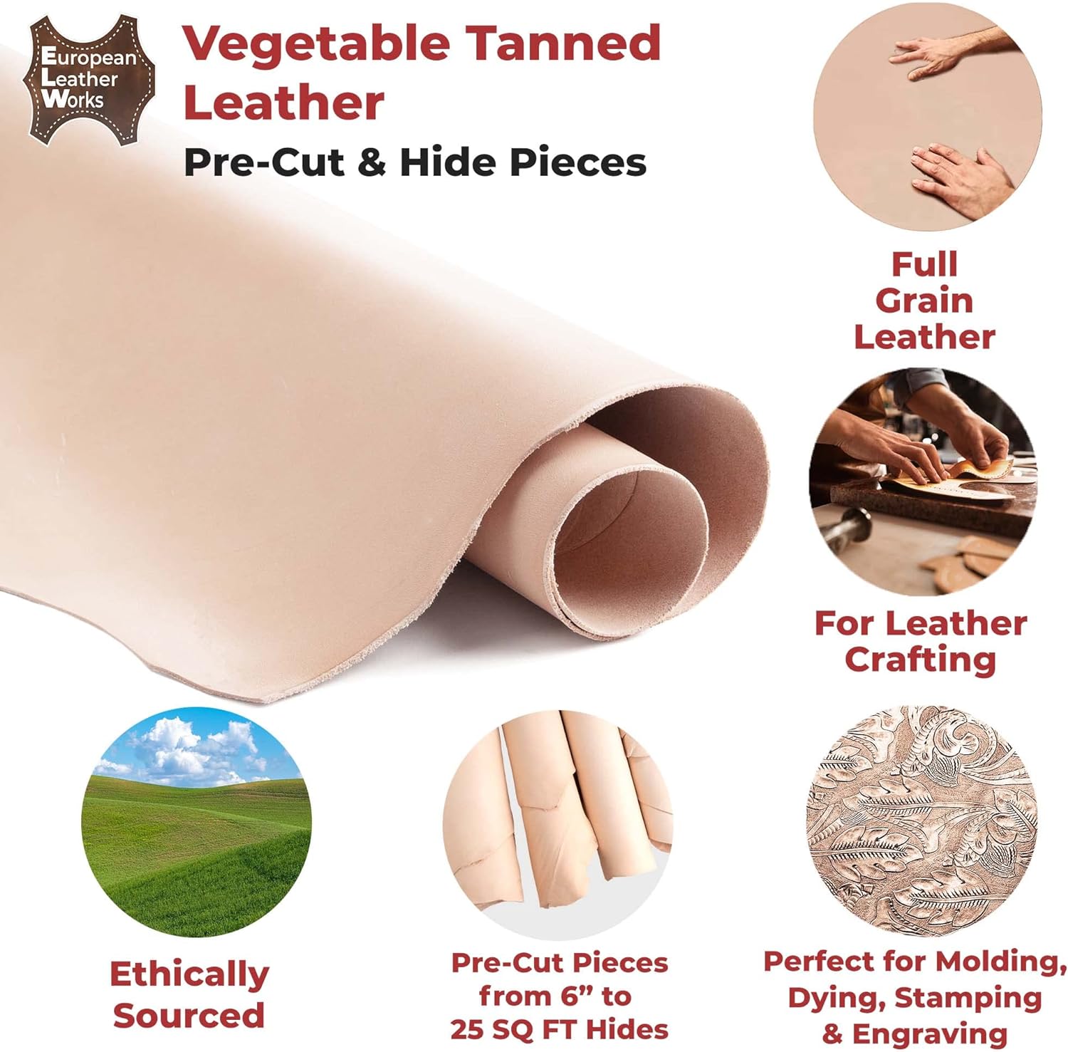 ELW 7-8 oz.(3-3.2 mm) Thickness Pre-Cut Square 16-18 SQ FT, Tooling Leather Vegetable Tanned Full Grain Leather - Cowhide Leathercraft for Holsters Knife Sheaths Coasters Molding Emboss Stamp Cases