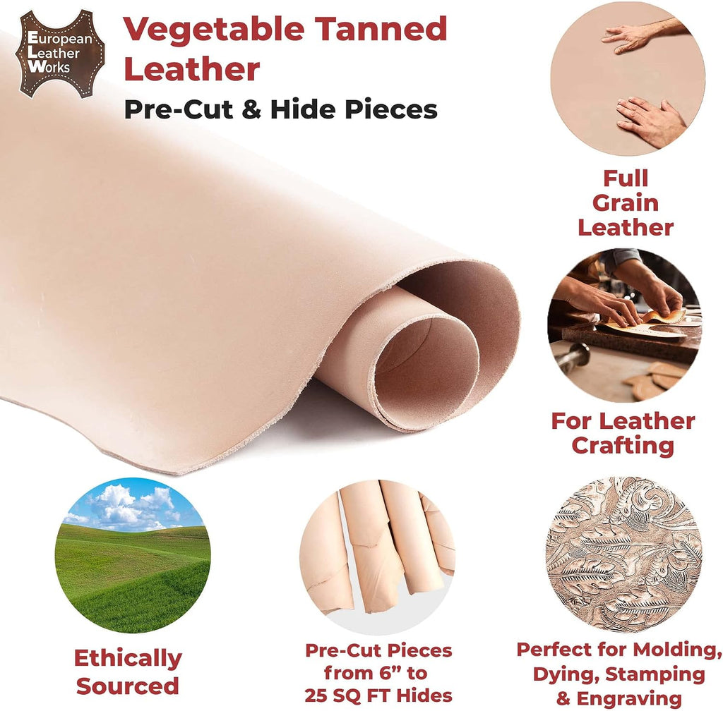 ELW 7-8 oz.(3-3.2 mm) Thickness Pre-Cut Square 18-20 SQ FT, Tooling Leather Vegetable Tanned Full Grain Leather - Cowhide Leathercraft for Holsters Knife Sheaths Coasters Molding Emboss Stamp Cases