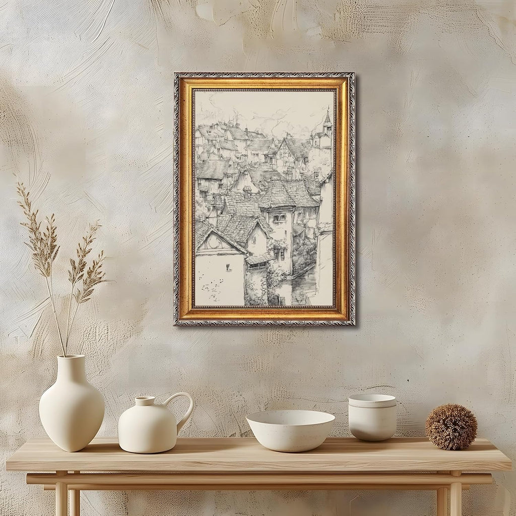 Large Gold Framed European Old Town Sketch Canvas Wall Art Vintage Medieval Village Architecture Poster French Cityscape Rustic Travel Art Painting Prints Artwork Farmhouse Home Decor 24x36inch
