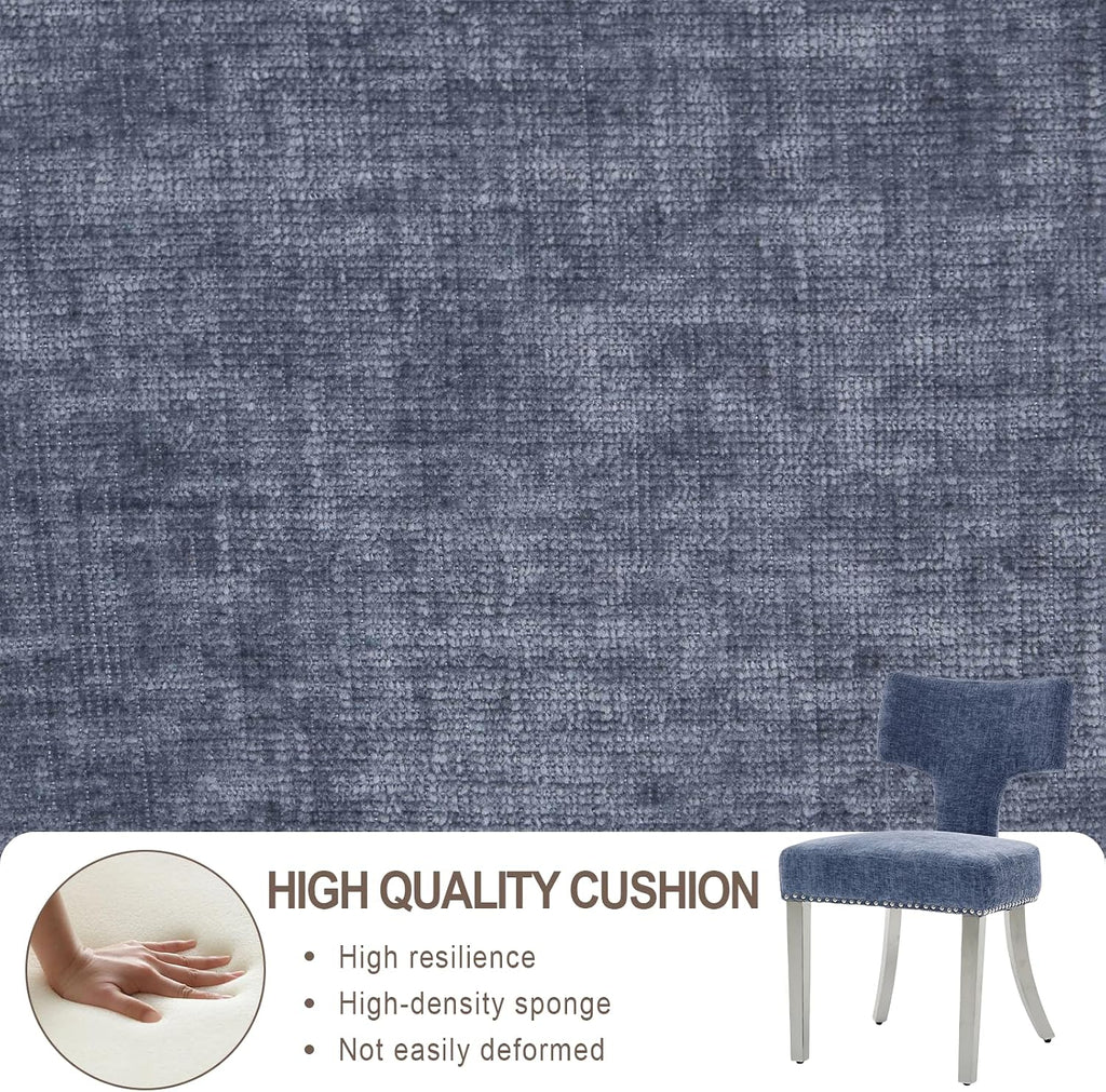 Dining Chair Set of 6 Linen Fabric Curved Backrest Farmhouse Mid Century Accent Upholstered Kitchen Chairs with Silver Legs and Foot Pad for Dining Room/Living Room/Restaurant,Blue