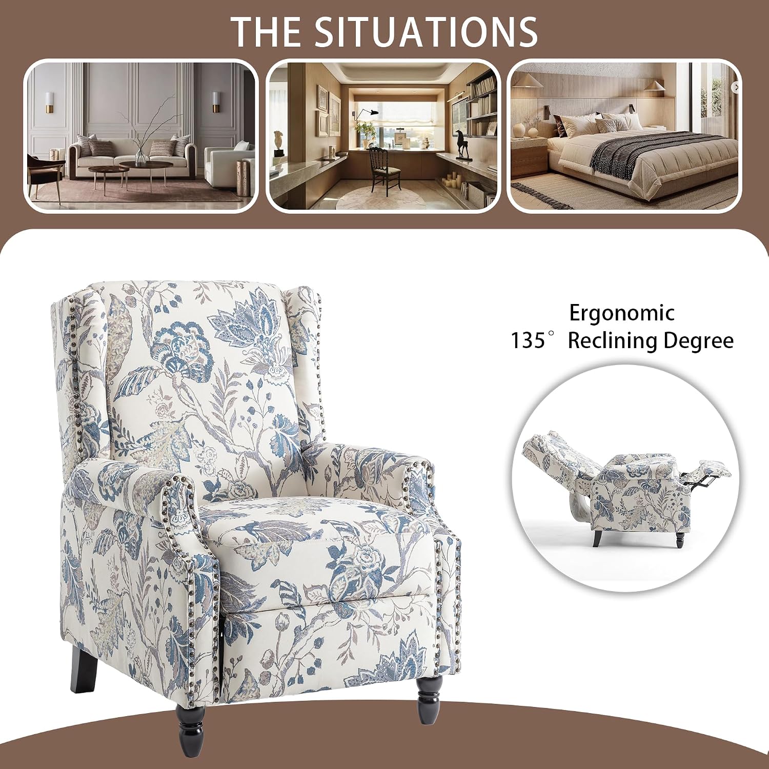 Set of 2 Floral Pushback Recliner Chairs, Fabric Upholstered Rivet Trim Accent Club Chairs for Living Room, Home Theater- Bule Plant