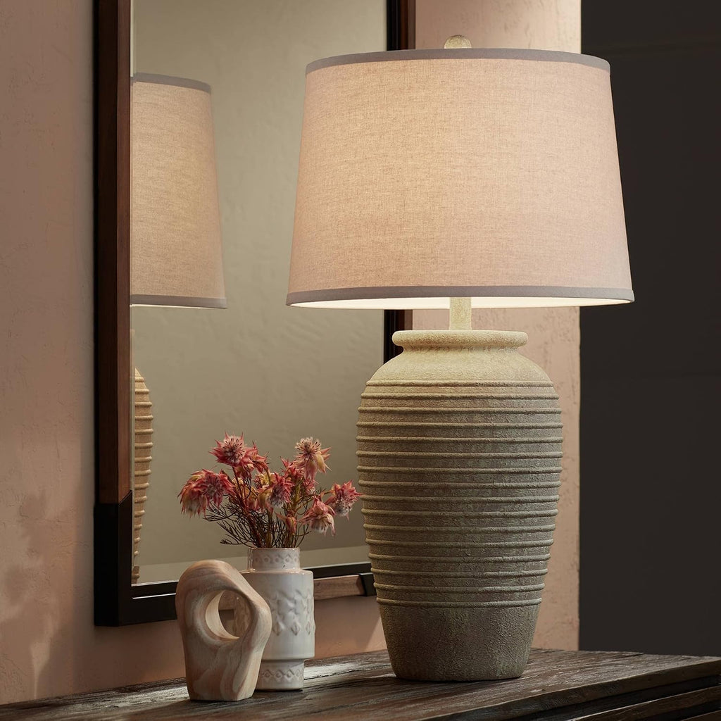 John Timberland Austin 28' Tall Jug Southwest Farmhouse Rustic Modern Table Lamps Set of 2 Sand Toned Ridged Finish Cream Shade Living Room Bedroom Bedside Nightstand House Office Home Kitchen