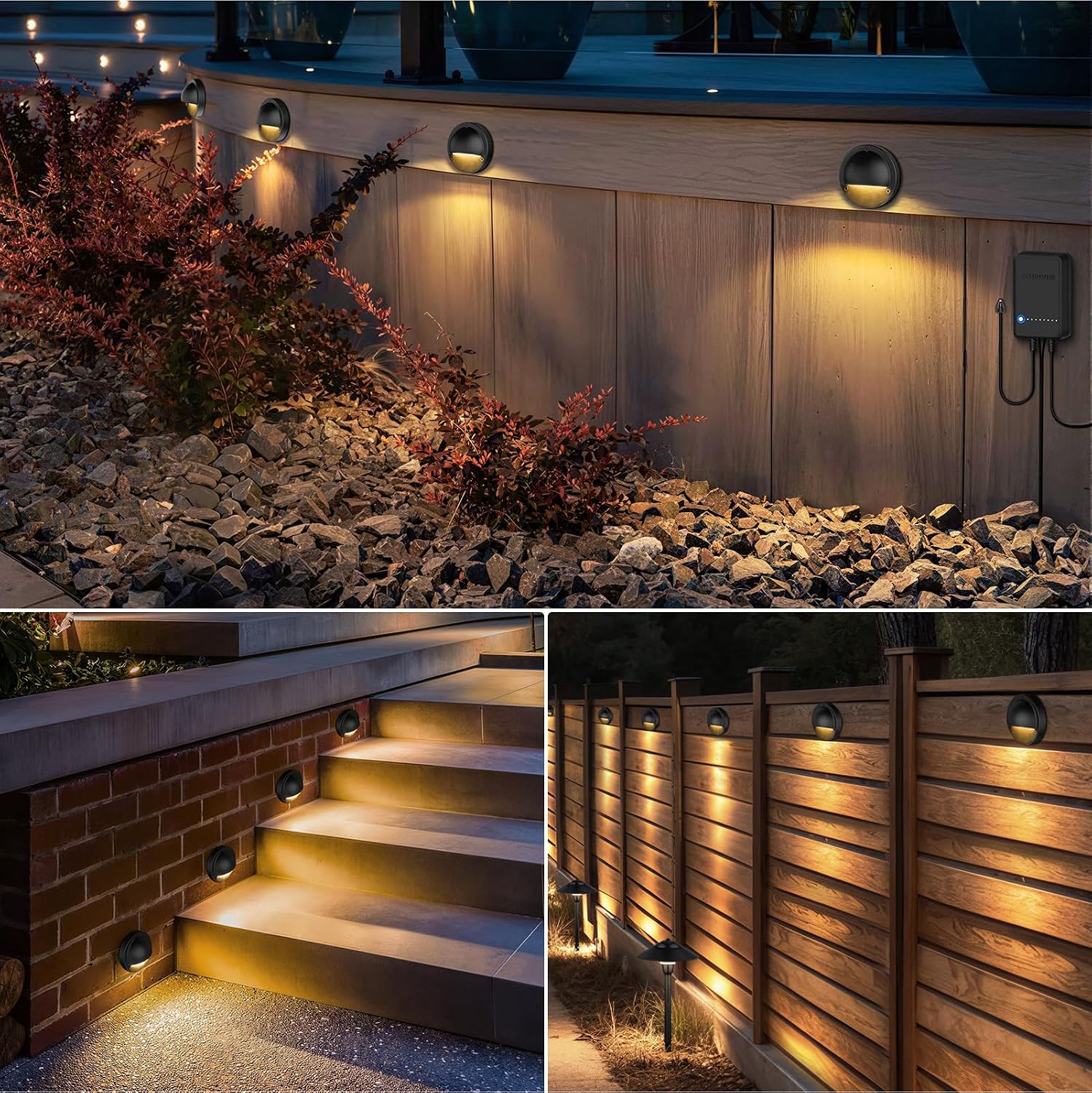 SUNVIE All-in-One Low Voltage Deck Lights Kit, 8 Pack 5W Low Voltage Landscape Lighting with 60W Transformer 100FT Wire and Connectors, 3000K 12-24V AC/DC LED Deck Step Lights for Fence Post Patio