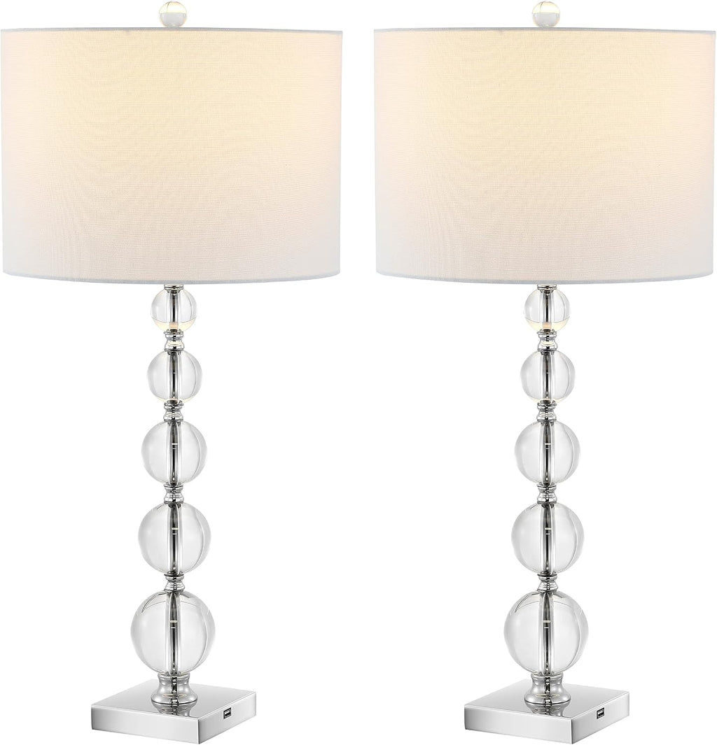 SAFAVIEH Lighting Collection – Set of 2 Liam Stacked Crystal Ball 29-Inch Table Lamps with USB Ports, LED Bulbs Included, Bedroom Living Room Home Office (LIT4112A-SET2-U)