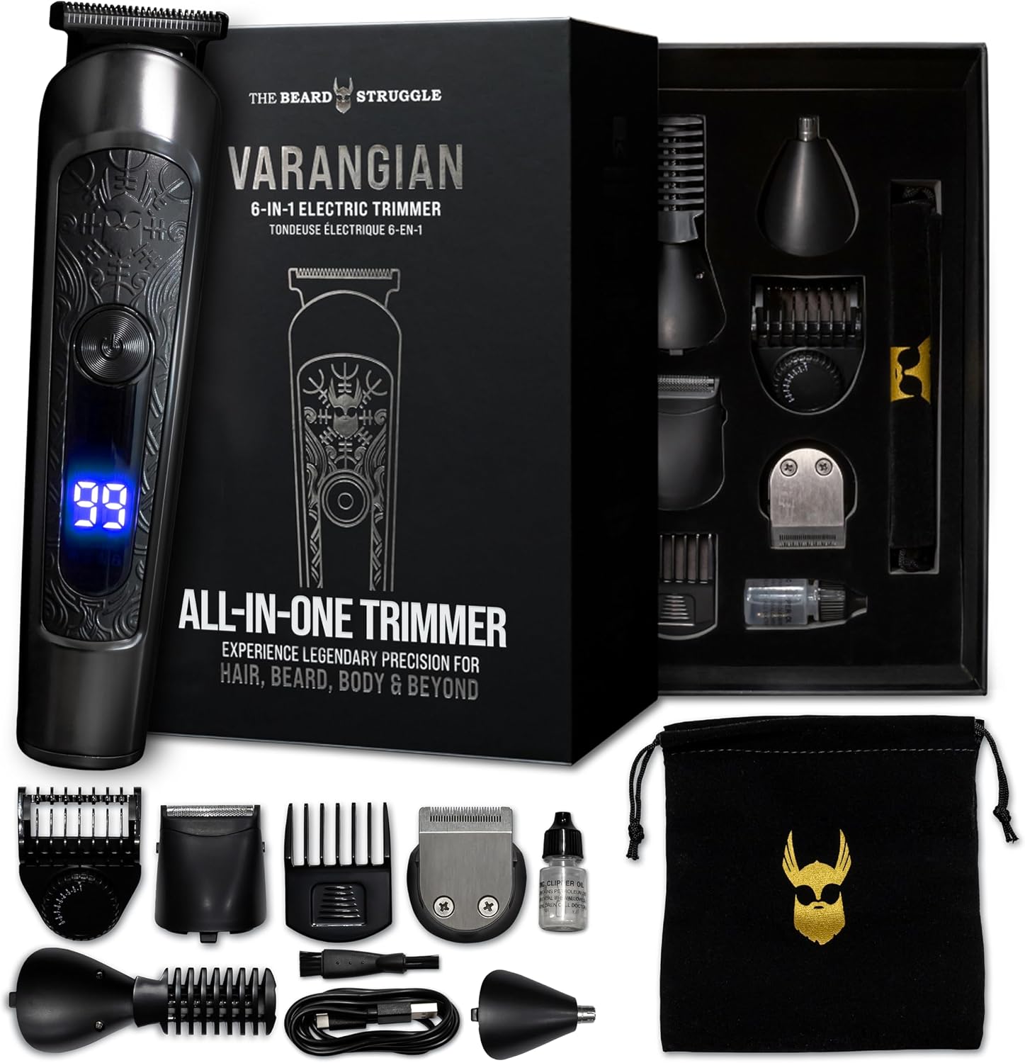 The Beard Struggle Varangian Beard Trimmer® 6-in-1 for Hair, Beard, Body & Beyond, Titanium Blade, 17 Length Adjustable Blade with Digital LED Display, Cordless Clipper