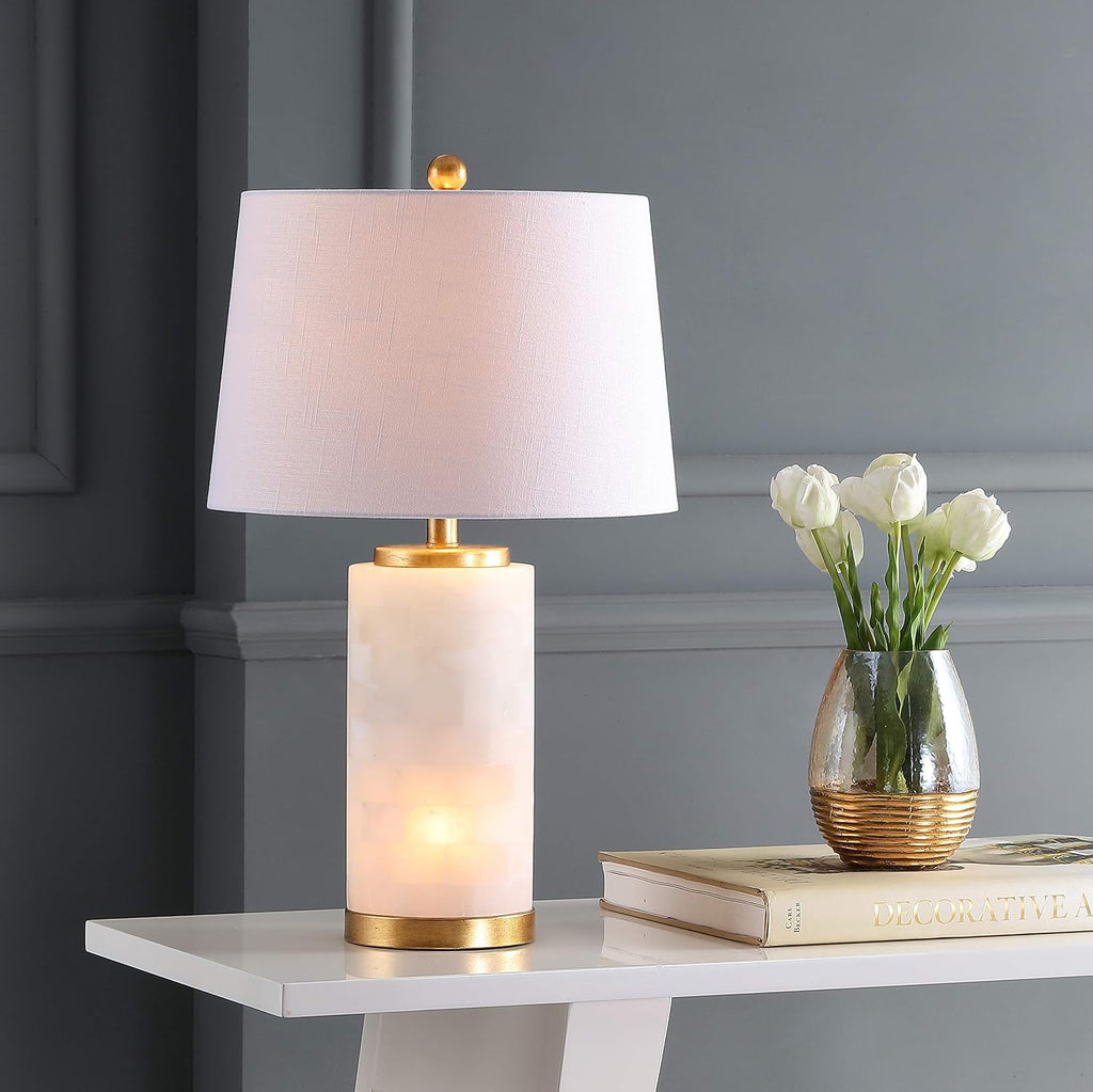 JONATHAN Y 25.5' White/Gold Leaf Alabaster 2-Light Rectangular Table Lamp with Night Light Modern Coastal Bedside Lamp for Bedroom with White Linen Drum Shade LED Bulbs Included JYL6203A
