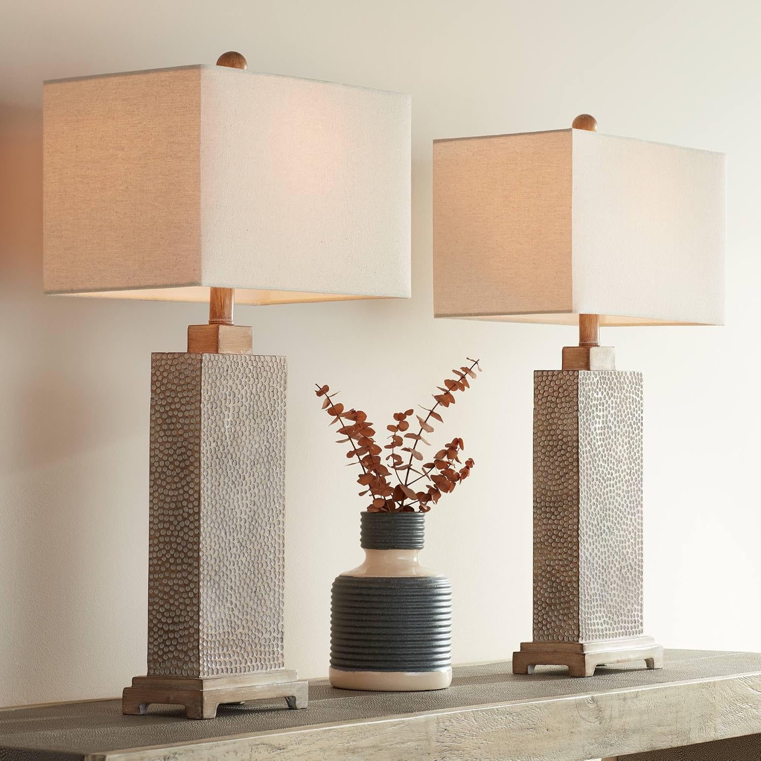 360 Lighting Caldwell Rustic Farmhouse Table Lamps 26 3/4' Tall Set of 2 Earth Tone Faux Wood Hammered Oatmeal Fabric Rectangular Shade for Bedroom Living Room House Home Bedside Nightstand