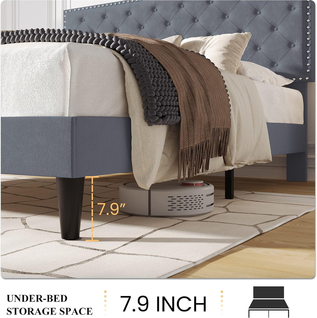 SHA CERLIN King Size Velvet Bed Frame with Adjustable Headboard, Diamond Button Tufted and Rivet Decor, No Box Spring Needed, Silver Grey