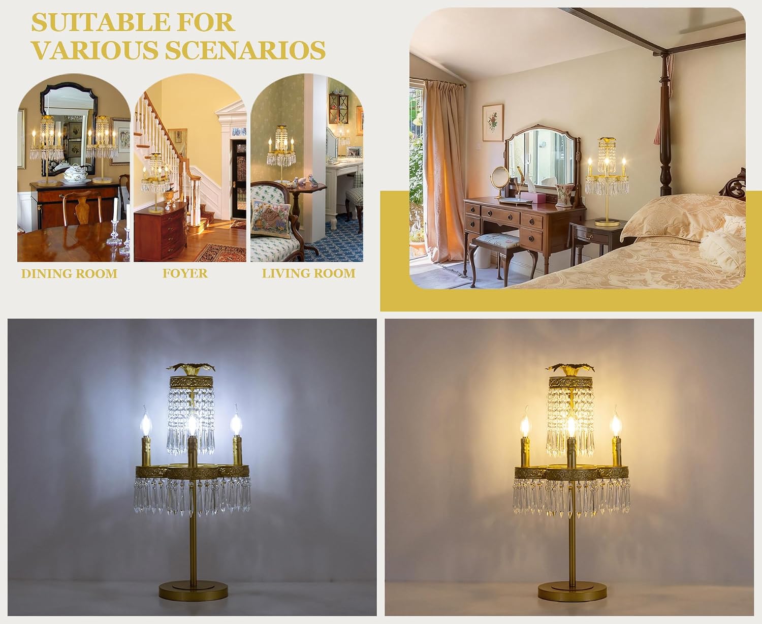 TOCHIC 4 Lights Chandelier Table Lamps for Living Room, 26' Tall Bar Top Crystal Bedside Candelabra Table Lamp Gold Modern Farmhouse Desk Lamps for Night Stands Bedroom Kids Room Entryway Home Office