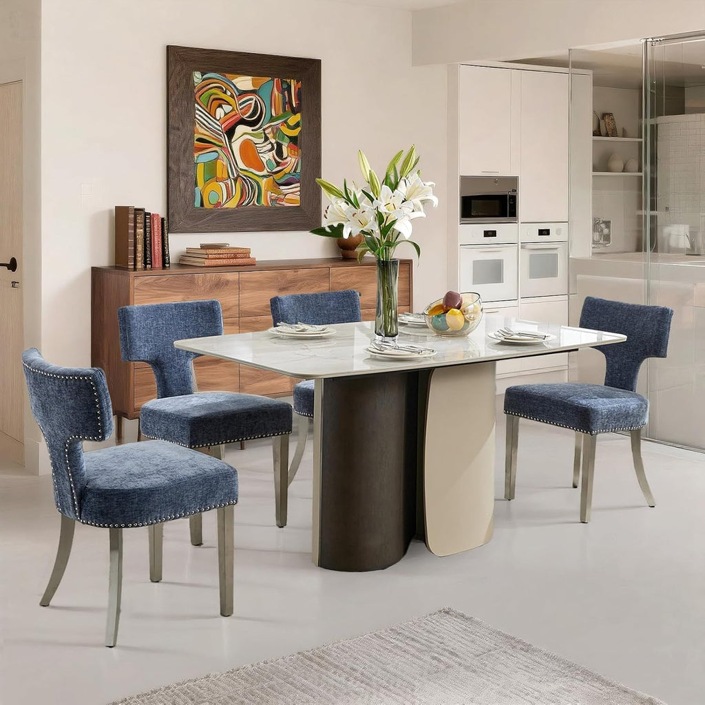 Dining Chair Set of 4 Linen Fabric Curved Backrest Farmhouse Mid Century Accent Upholstered Kitchen Chairs with Silver Legs and Foot Pad for Dining Room/Living Room/Restaurant,Blue
