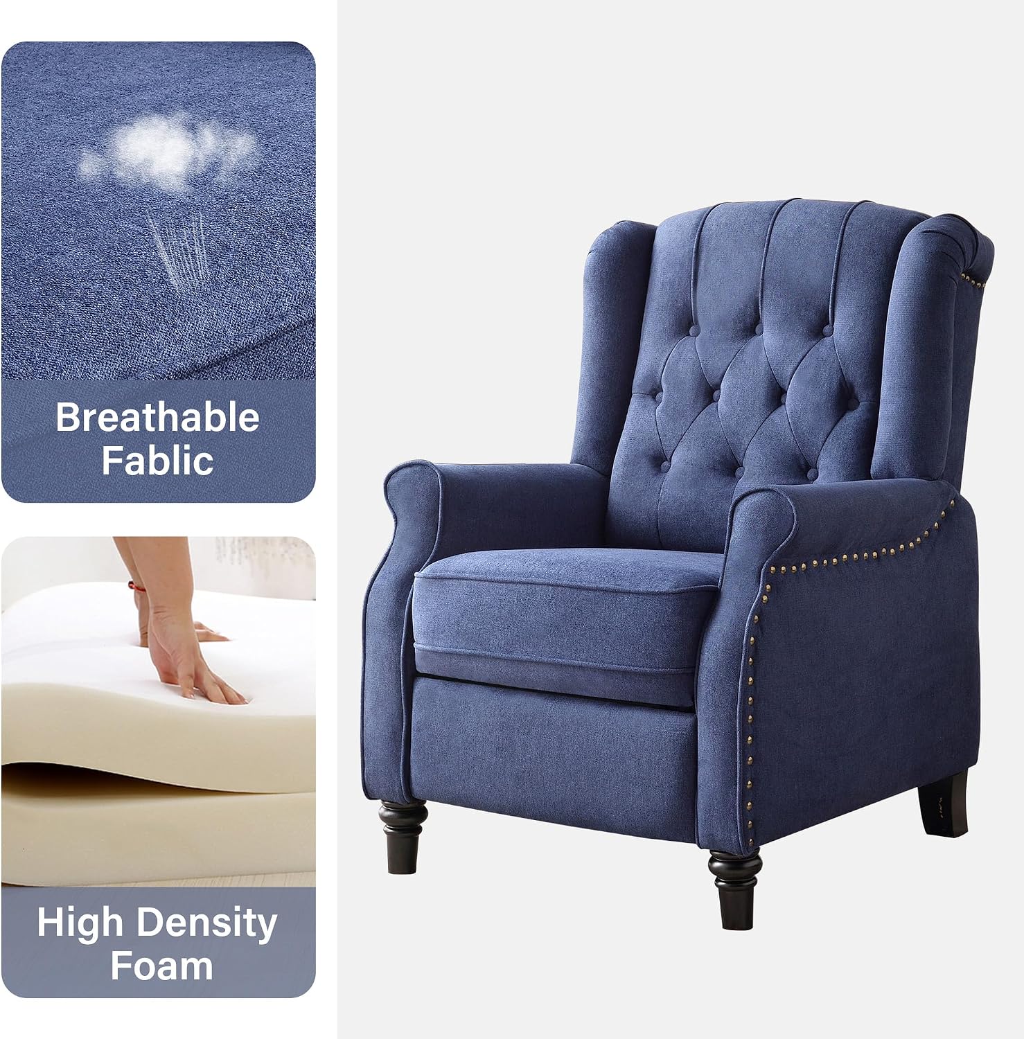 Bonzy Home Wingback Pushback Recliner Chair, High Back Upholstered Armchair with Solid Wood Legs, Rivet Decoration, Blue