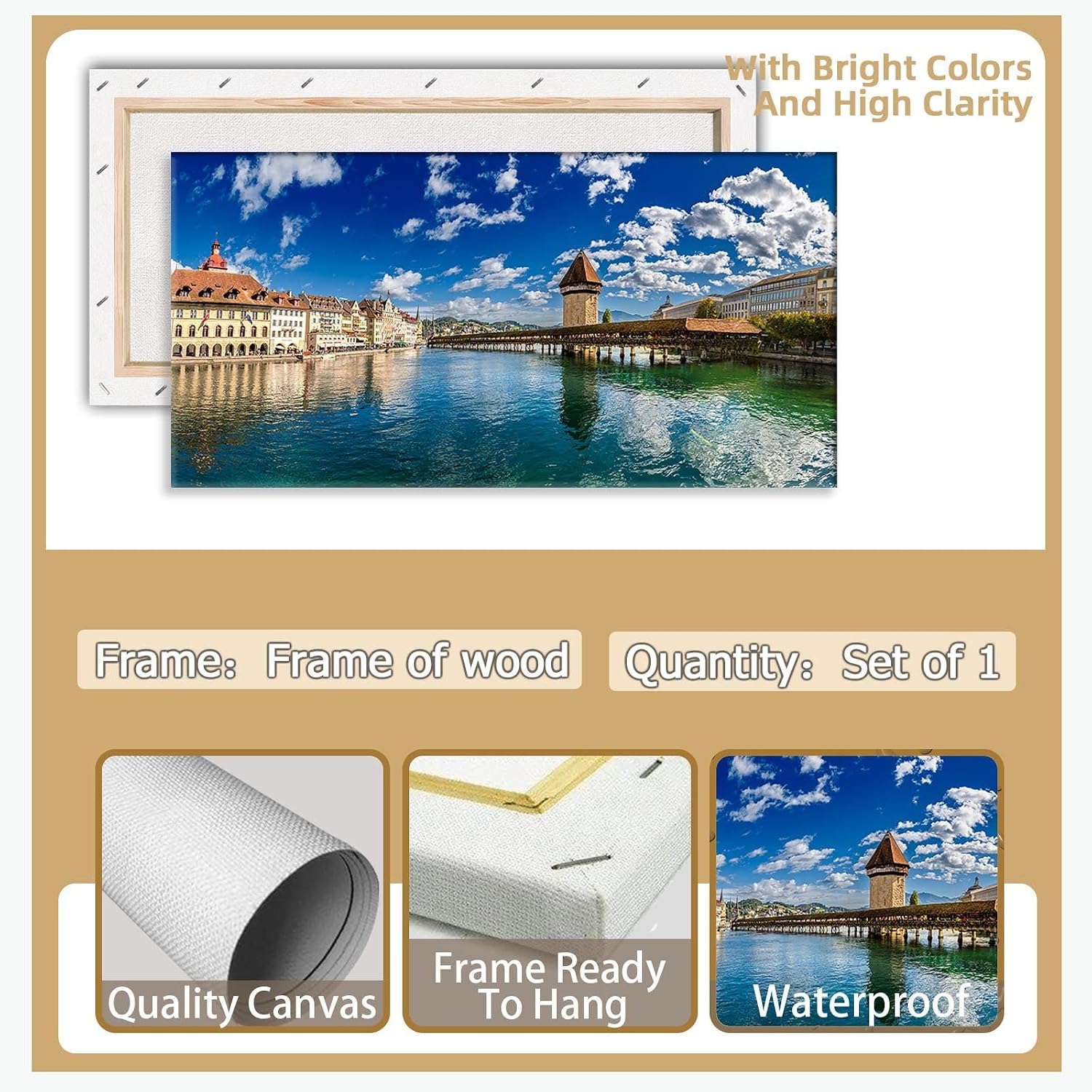 Swiss Lucerne Chapel Bridge Cityscape Large Wall Art Reuss River View Canvas Print Posters European Landscape Lake Pictures Decor Artwork for Luxury Home Living Room Bedroom Office 20x40inch Framed
