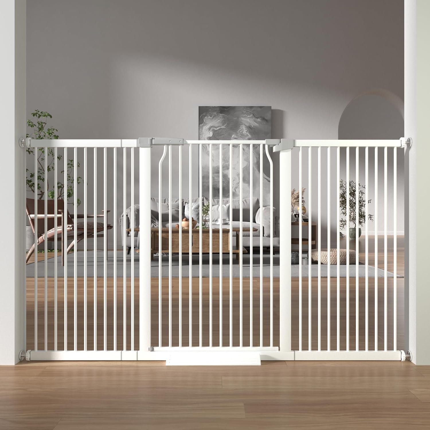 41' Extra Tall Baby Gate for Doorways and Stairs No Drill, Adjustable 65.8-72.2' Auto Close Dog Gate Indoor, Pressure Mounted Walk Through Swing Wide Pet Gate, Tall Cat Gate with Expansion Kit, White