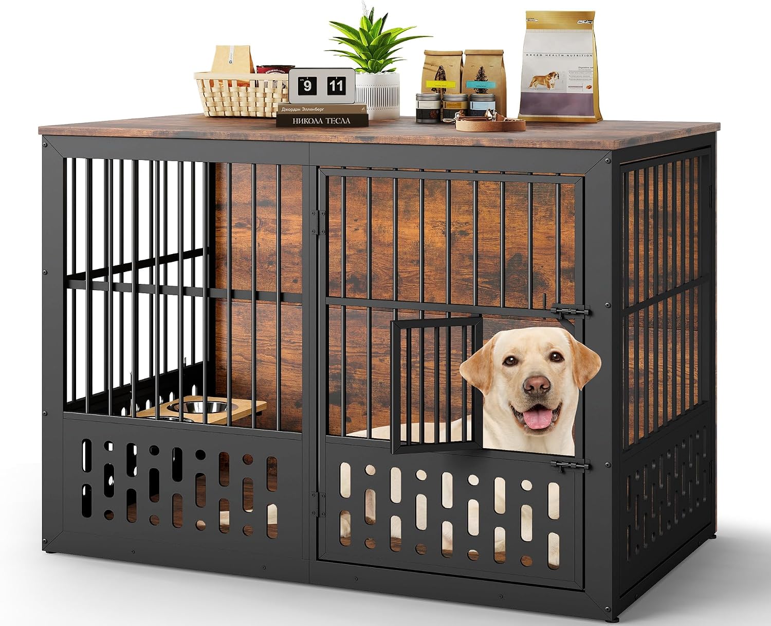 Rovibek 48 Inch Dog Crate Furniture, Wooden Dog Cage Furniture with Window and Adjustable Dogs Bowls 360° Rotatable, Heavy Duty XL Kennel Indoor as End Table, Brown