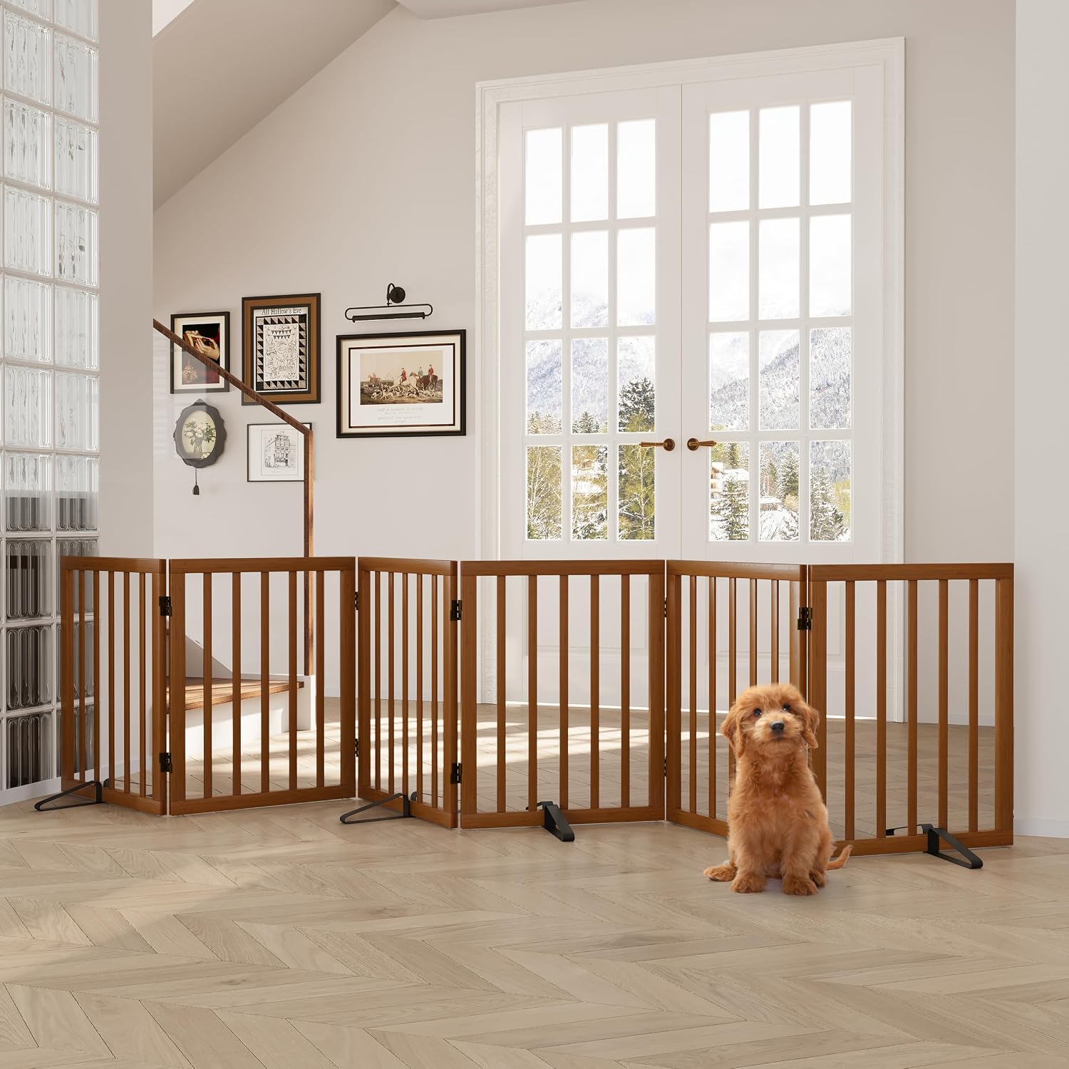 Semiocthome Walnut Dog Gates for Doorways, 6-Panel Freestanding Dog Gate Indoor for the House Stairs, 24' H Foldable Wooden Pet Gates with 4PCS Metal Stands, Expands Up to 110' (W)