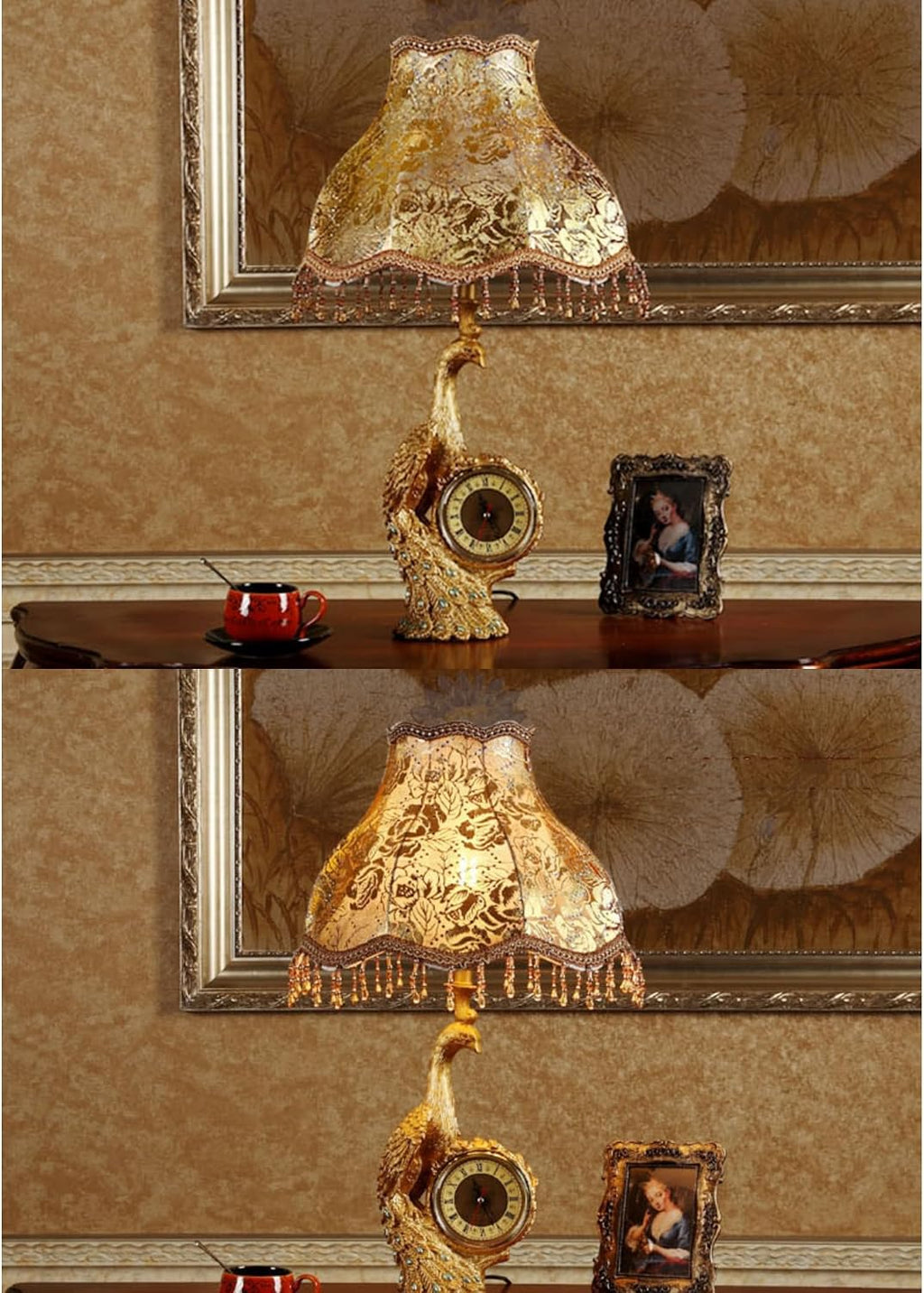 Gold Peacock Table Lamp with Clock Vintage Victorian Table Lamp for Living Room Fabric Shade Antique Bedside Lamp Retro Rustic Desk Nightstand Lamp for Farmhouse Bedroom Home Office Decor