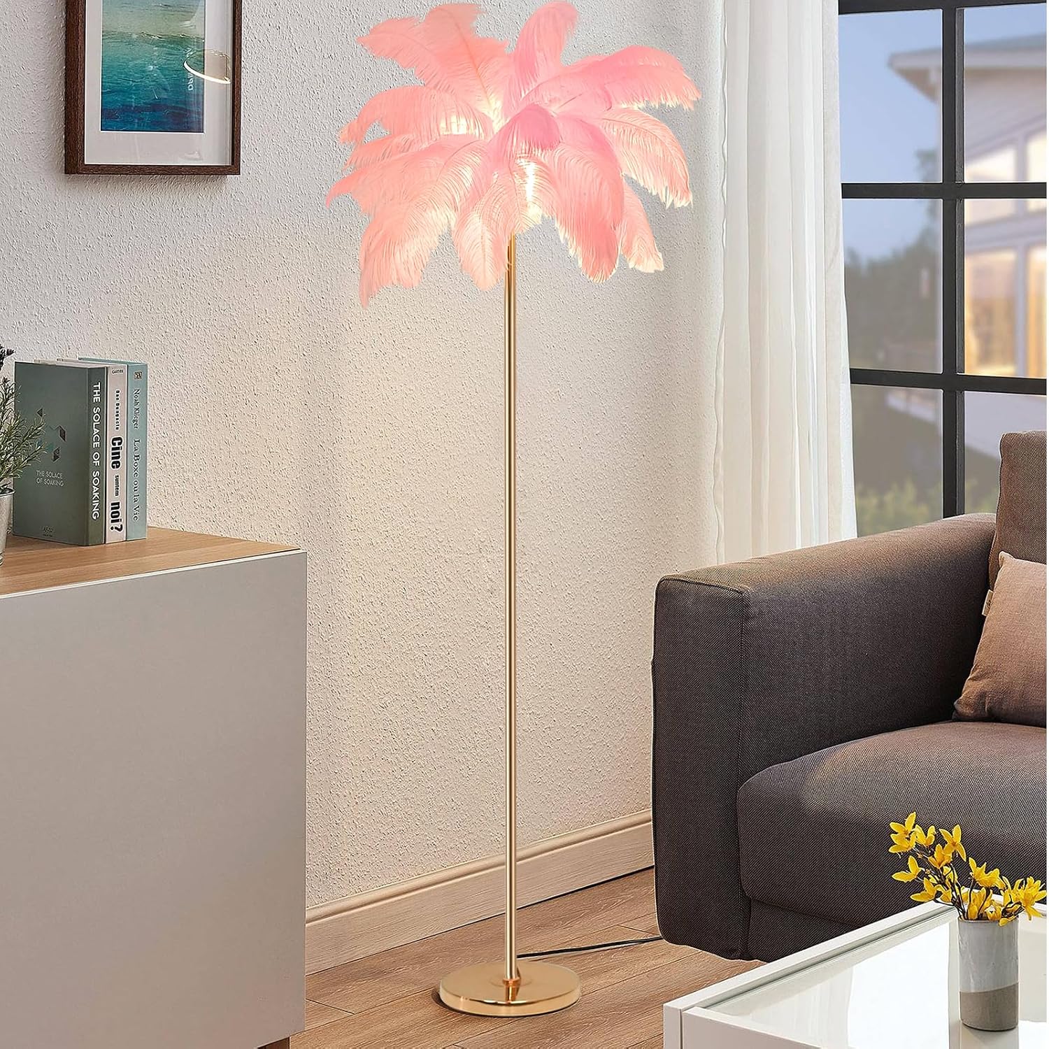 ZYLEIESENBAO Pink Feather Lamp Romantic Ostrich Feather Floor Lamp 3*G9bulbs Nordic Fluffy Standing Lamp for Creative Reading Lamp for Living Room Girl Bedroom Entryway Wedding Valentines Dating Gift