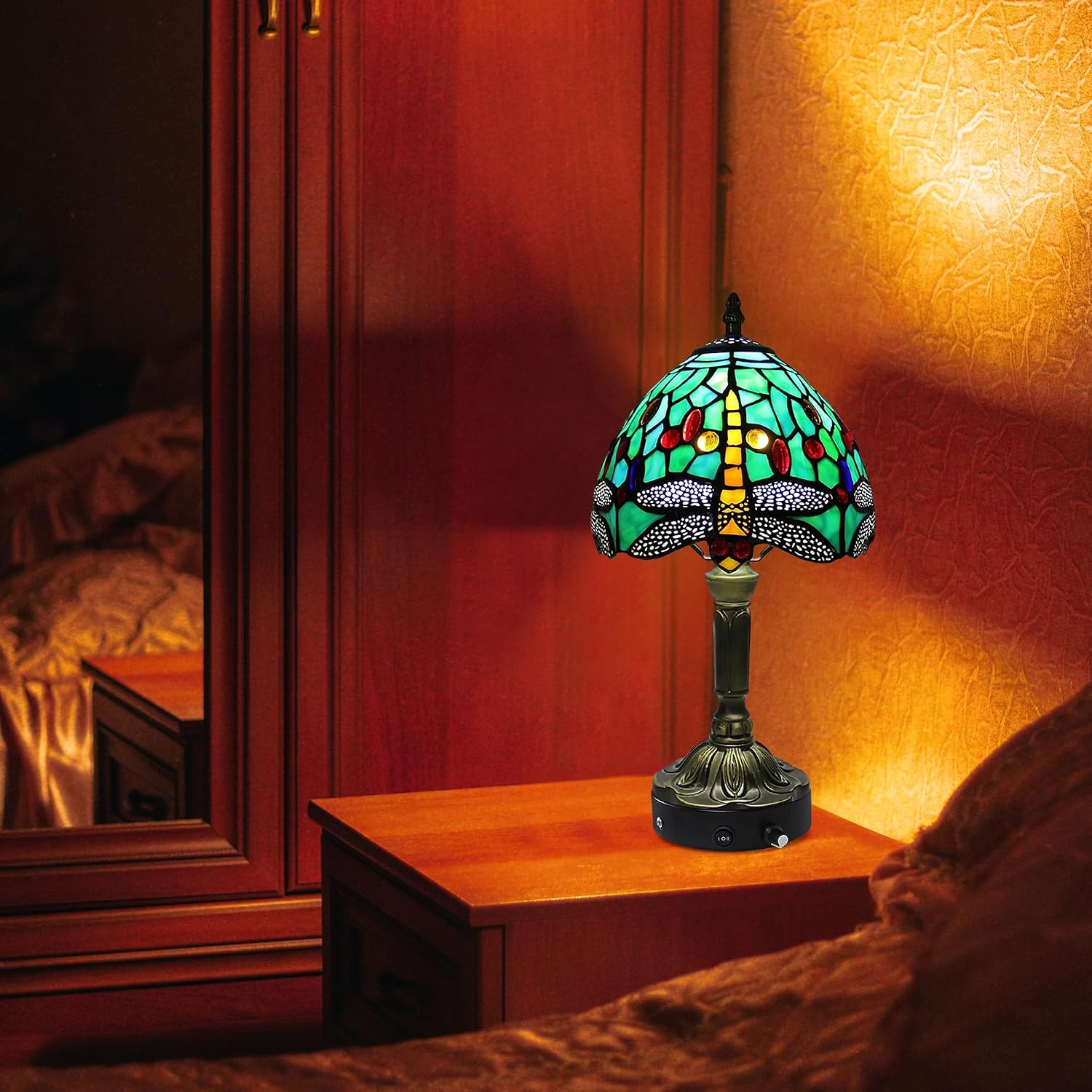 Kiven Cordless Table Lamp,1-Light Dimmable Bedside Lamps for Nightstand with Glass Lampshade, Cordless Tiffany Lamp for Reading Home Decor Bedside TD0938