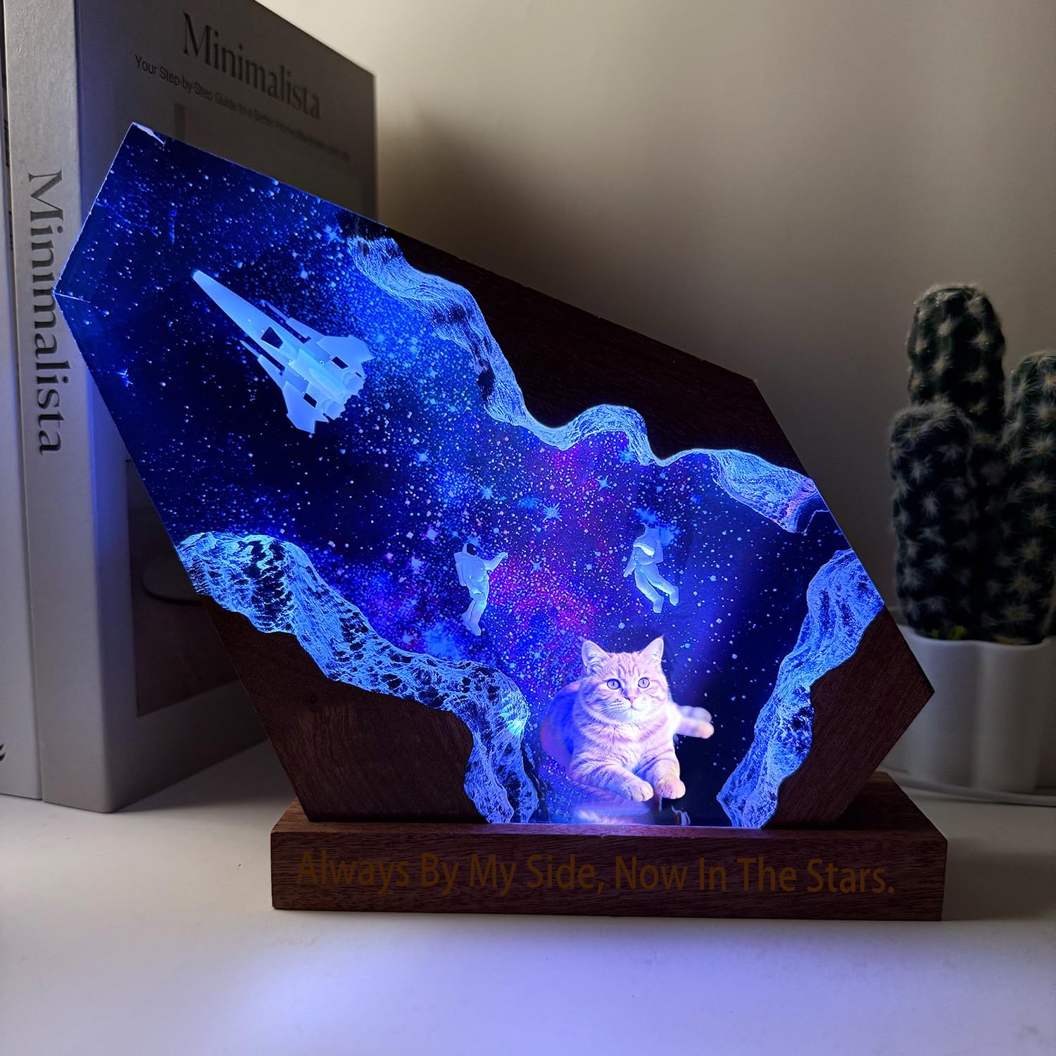 Custom dog & cat memorial gifts for loss of dog & cat, Personalized Space Resin Lamp with Photo and Text, Variable Lights, Handmade Unique pet memorial gifts for the furry astronaut you missed (8'x5')