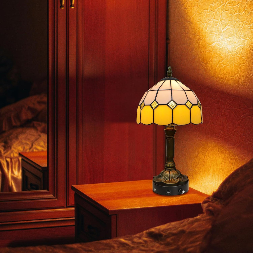 Kiven Cordless Table Lamp, Dimmable Bedside Lamps for Nightstand with Yellow Glass Lampshade, Tiffany-Style Rechargeable Desk Lamp for Reading Home Decor Bedside,1-Light