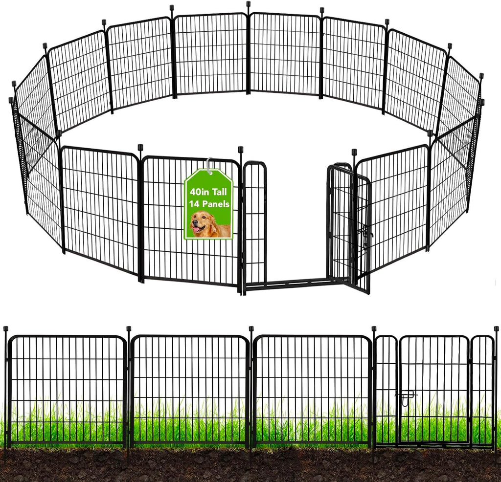 ADAVIN Tall Garden Fence 40 in(H)×31 Ft(L) 14 Panels, Heavy Duty Iron Metal Fence with Gate Low Threshold, Dogs Rabbit Fences Outdoor Camping, Flower Bed Fencing Border, Temporary Black Yard Fences
