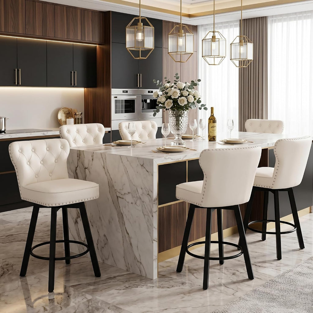 Counter Height Bar Stools Set of 6, 26' Mid-Century Swivel Bar Stool with Metal Base for Kitchen Island, Rivet Armless Faux PU Leather Barstool with High Back and Large Thick Cushion, Beige