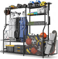 Garage Sports Equipment Organizer, 3 Golf Bag Organizer Stand Heavy-Duty Ball Storage Rack with Basket and Hooks, Ball Storage Cart for Toy Sports Gear Storage, Black