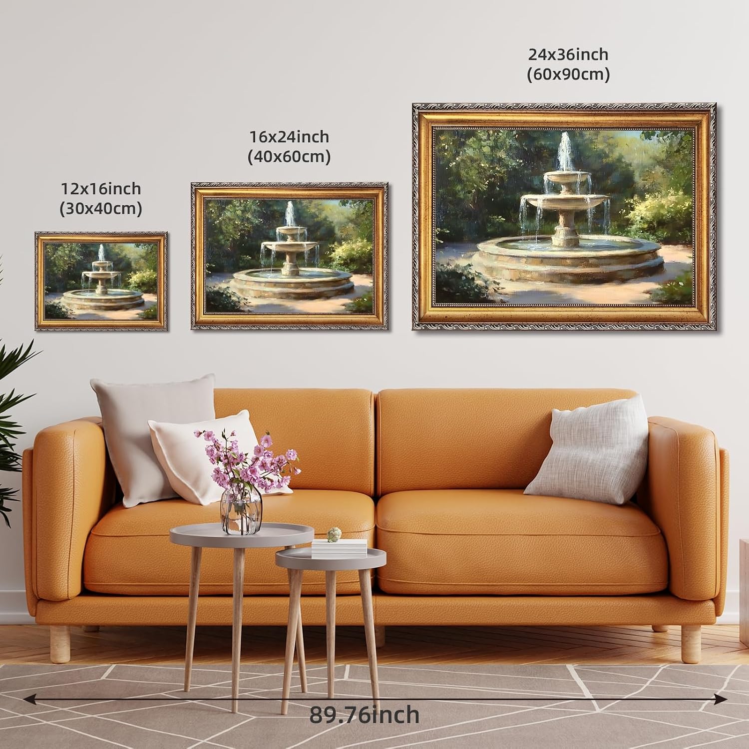 Large Gold Framed Classic Garden Fountain Canvas Poster Vintage Impressionist Landscape Wall Art Retro European Courtyard Outdoor Scenery Painting Prints Artwork for Bedroom Home Decor 24x36inch