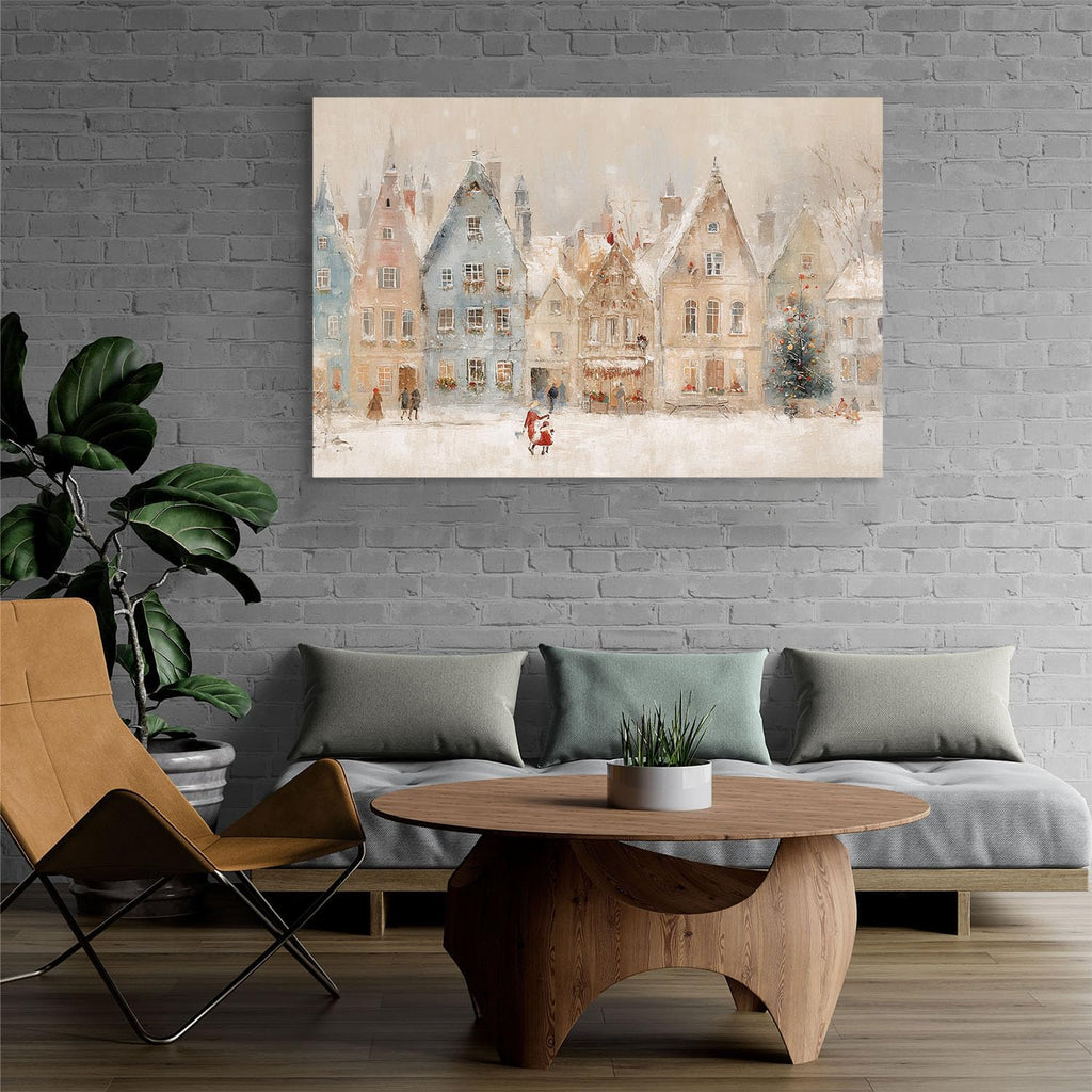 Winter village wall art print, European Christmas town oil painting, Christmas illustration, snowy holiday street scene, rural scenery, nursery wall decor 28x40in Wood Framed