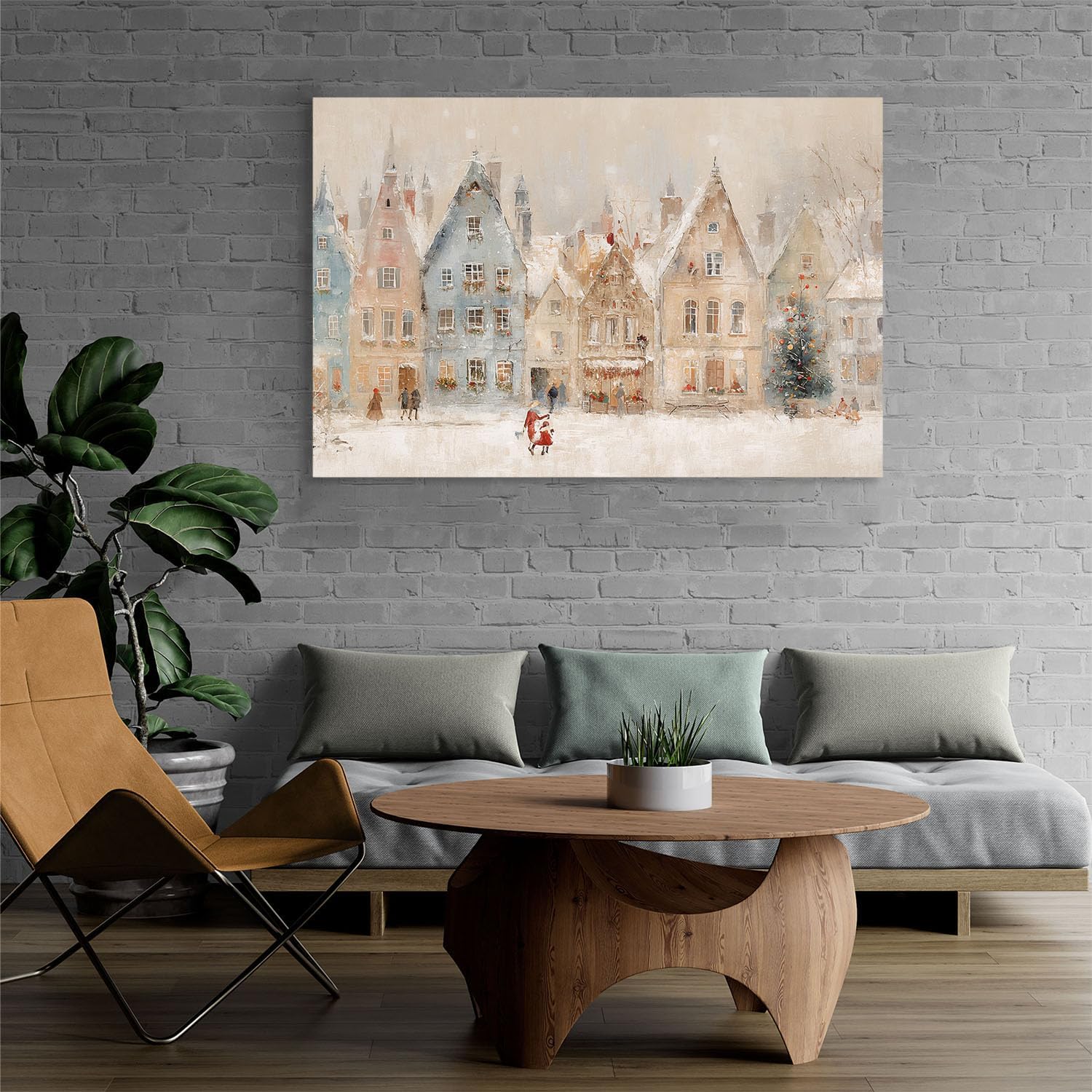 Winter village wall art print, European Christmas town oil painting, Christmas illustration, snowy holiday street scene, rural scenery, nursery wall decor 28x40in Wood Framed