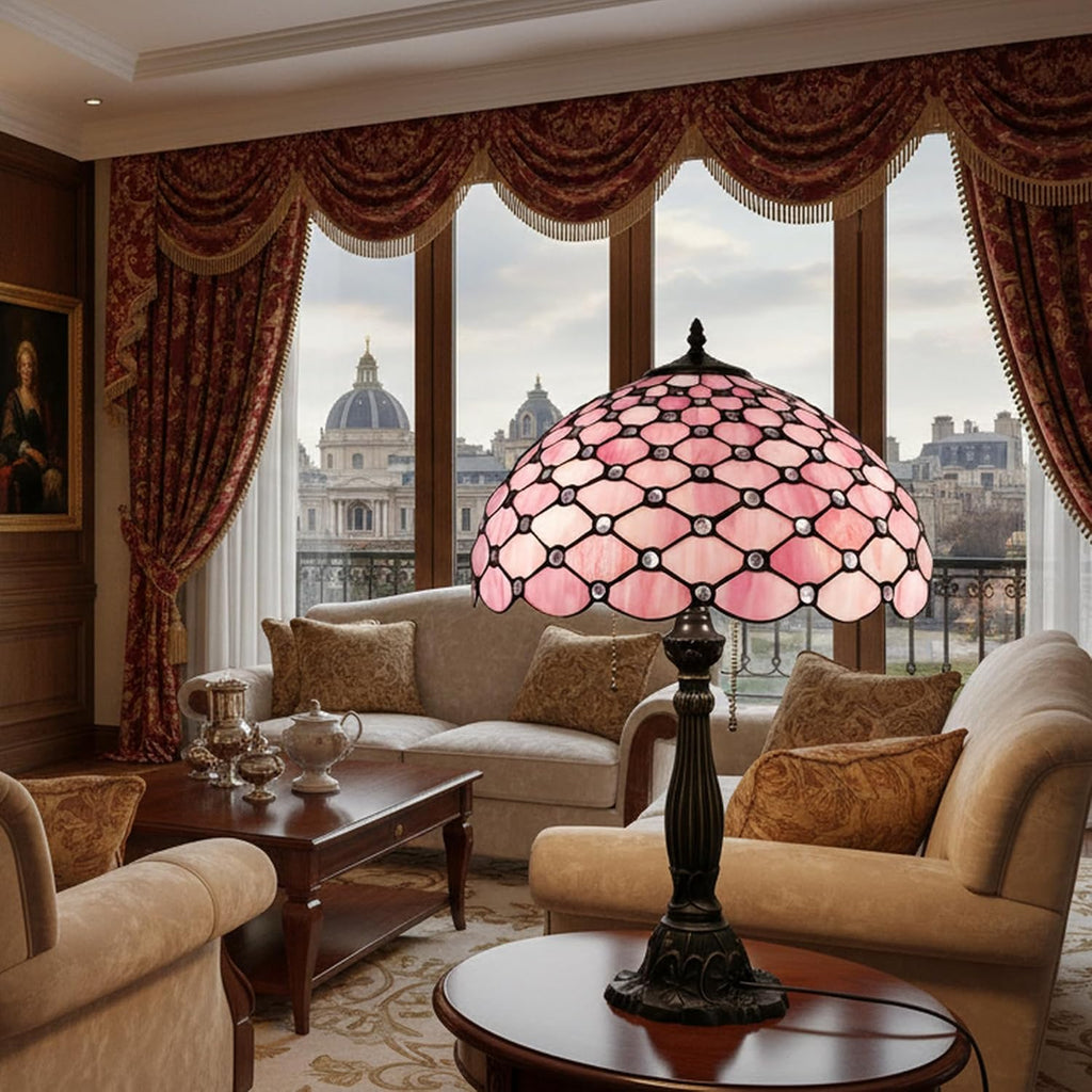 WERFACTORY Tiffany Table Lamp Stained Glass Bedside Lamp 16X16X24 Inches Pink Pearl Bead Desk Reading Light Resin Base Decor Bedroom Living Room Home Office S005P Series (Pink Bead)