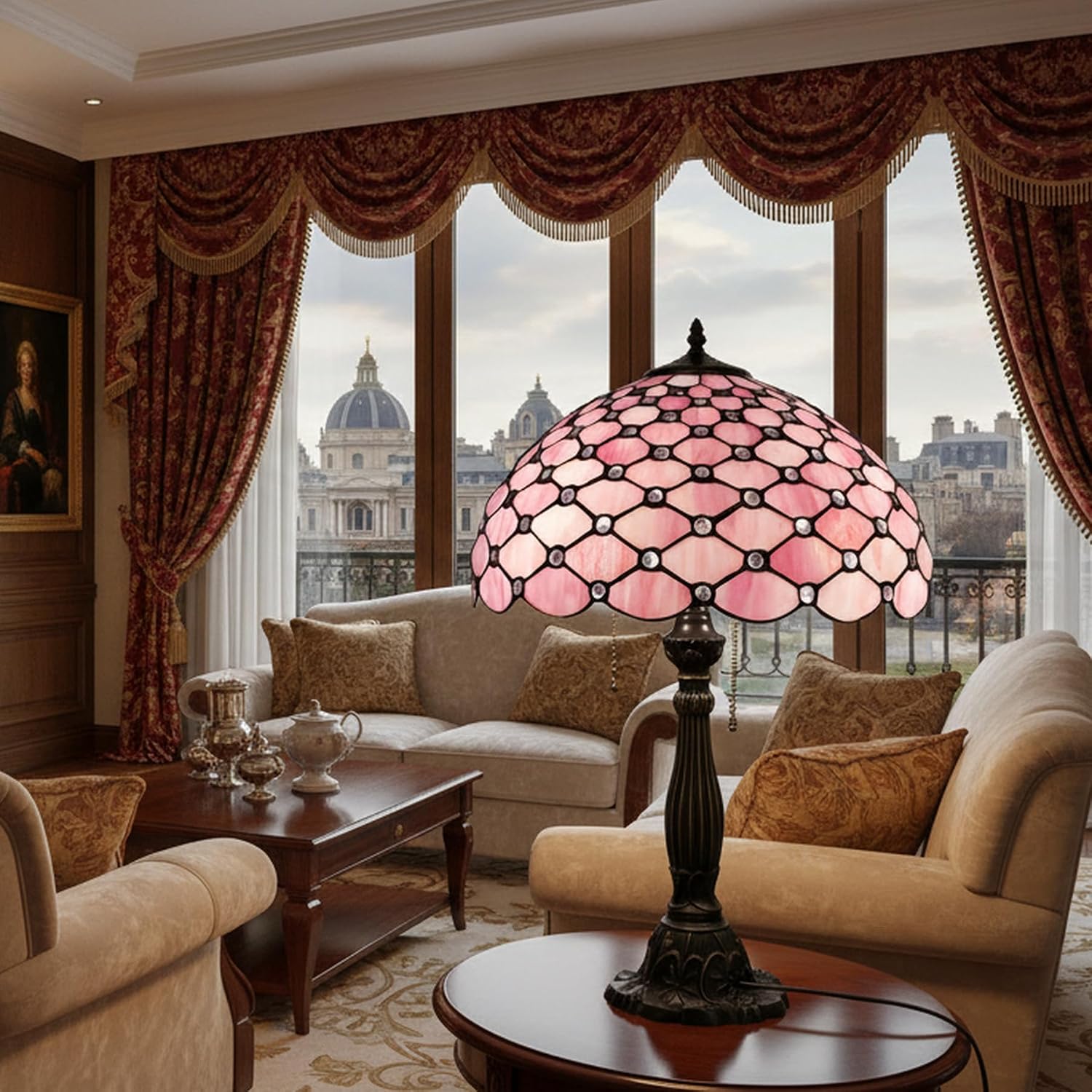 WERFACTORY Tiffany Table Lamp Stained Glass Bedside Lamp 16X16X24 Inches Pink Pearl Bead Desk Reading Light Resin Base Decor Bedroom Living Room Home Office S005P Series (Pink Bead)