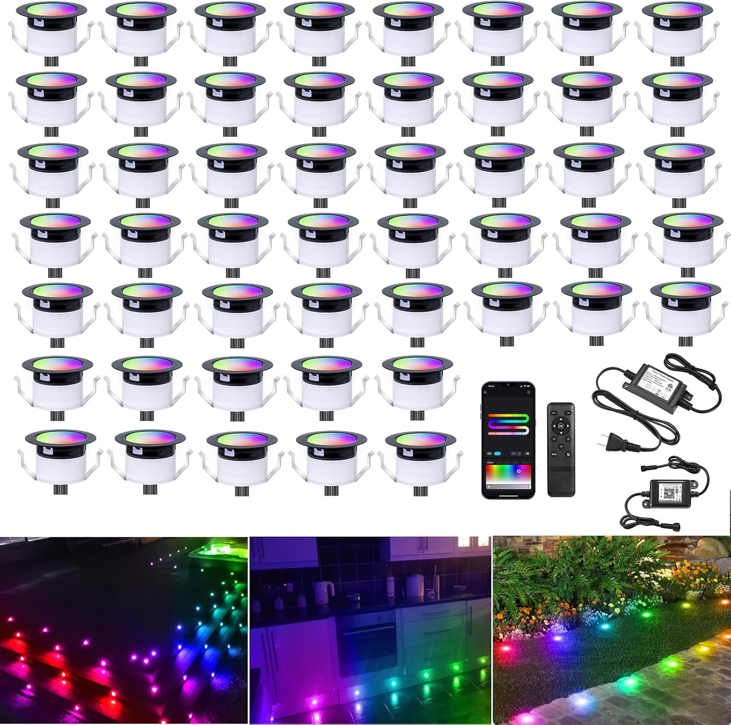 Sumaote LED Deck Lights Kit 50 Pack, 1.22' Low Voltage WiFi RGBW+IC Multicolor Dynamic Recessed Deck Lighting, IP67 Waterproof 12V Step Lights Outdoor for Garden Yard Path Stairs