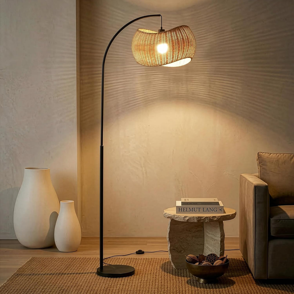Brightech Wave Arc Floor Lamp - Chic Standing Lamp with Unique Hanging Wicker Pendant Shade for Living Room, Boho Rattan Natural Decor Lamp, Arcs Over Sofa, Bedroom & Office Desk for Reading - Black