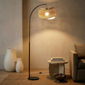 Brightech Wave Arc Floor Lamp - Chic Standing Lamp with Unique Hanging Wicker Pendant Shade for Living Room, Boho Rattan Natural Decor Lamp, Arcs Over Sofa, Bedroom & Office Desk for Reading - Black