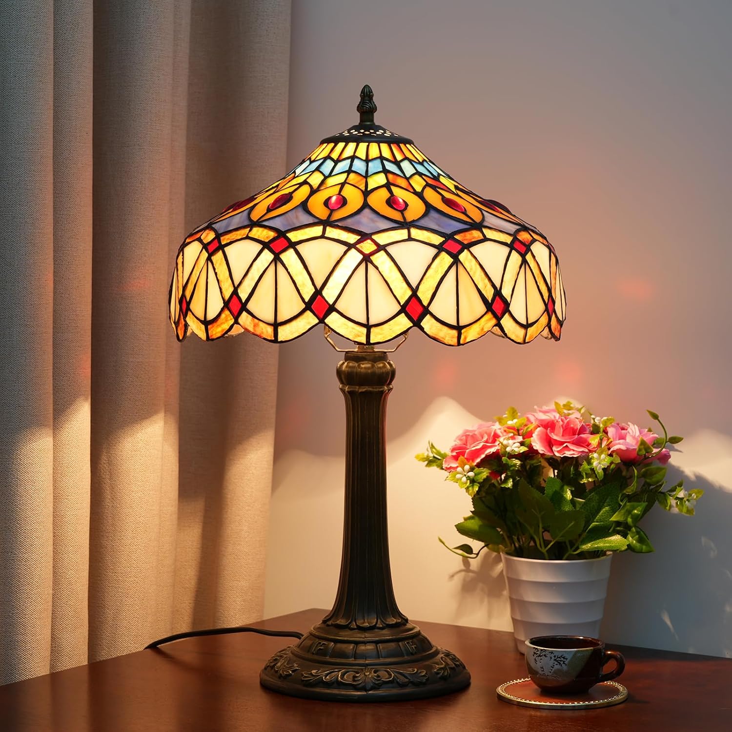Yellow Peacock Tail Tiffany Table Lamp 12 inch Stained Glass Desk Lamp Vintage Reading Light for Living Room Bedroom Wedding Room Home Office Antique Decorative Light